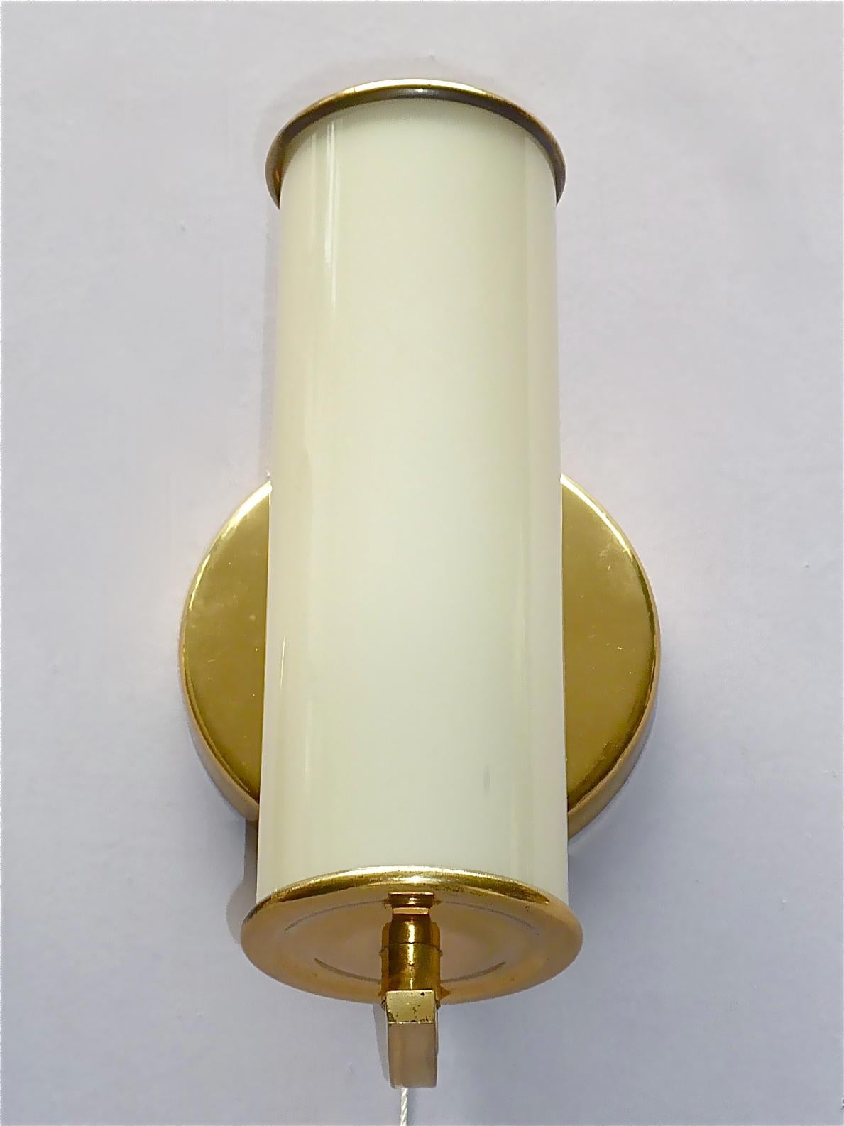 Pair Modernist Bauhaus Sconces Tynell Style Brass Yellow Tube Glass Shades 1930s 6