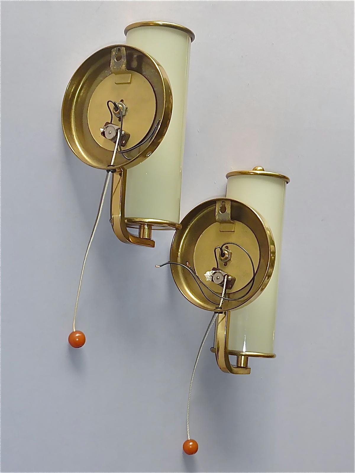 Pair Modernist Bauhaus Sconces Tynell Style Brass Yellow Tube Glass Shades 1930s 7