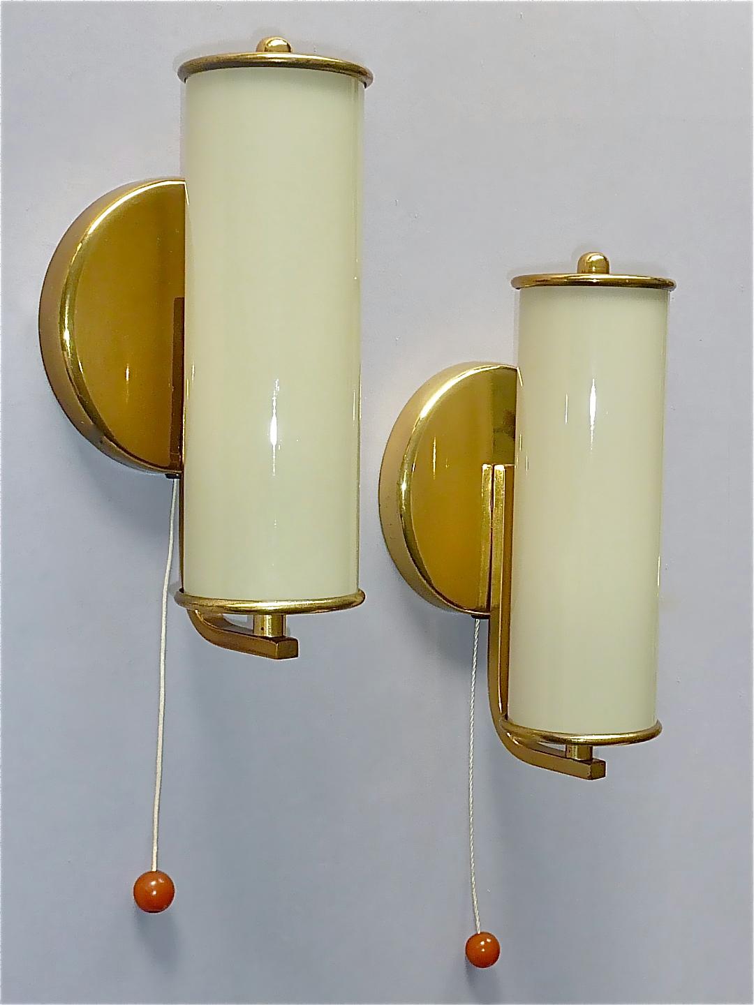 Pair Modernist Bauhaus Sconces Tynell Style Brass Yellow Tube Glass Shades 1930s 10