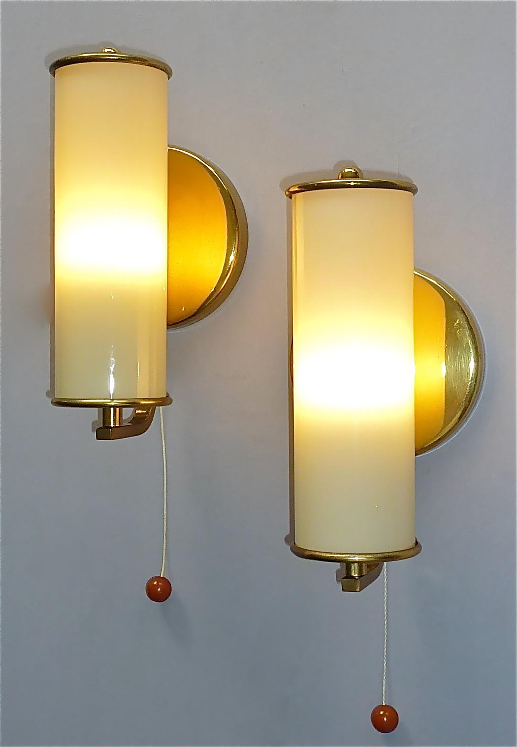 Pair Modernist Bauhaus Sconces Tynell Style Brass Yellow Tube Glass Shades 1930s 11