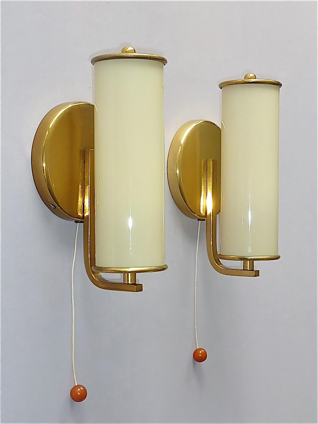 German Pair Modernist Bauhaus Sconces Tynell Style Brass Yellow Tube Glass Shades 1930s