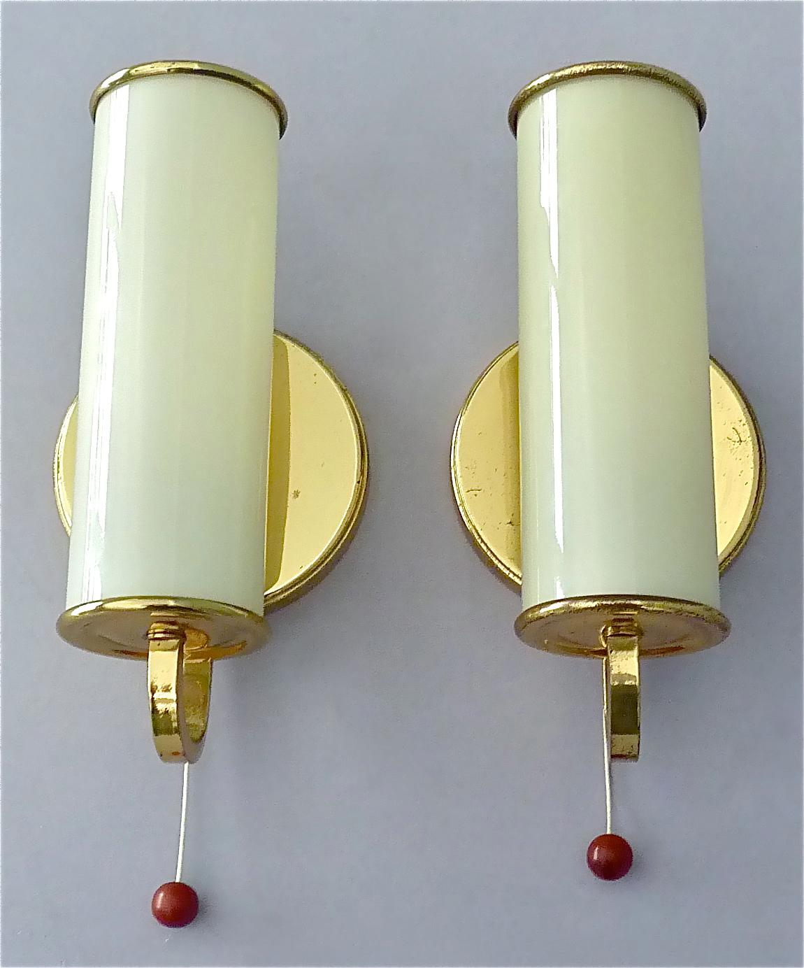 German Pair Modernist Bauhaus Sconces Tynell Style Brass Yellow Tube Glass Shades 1930s