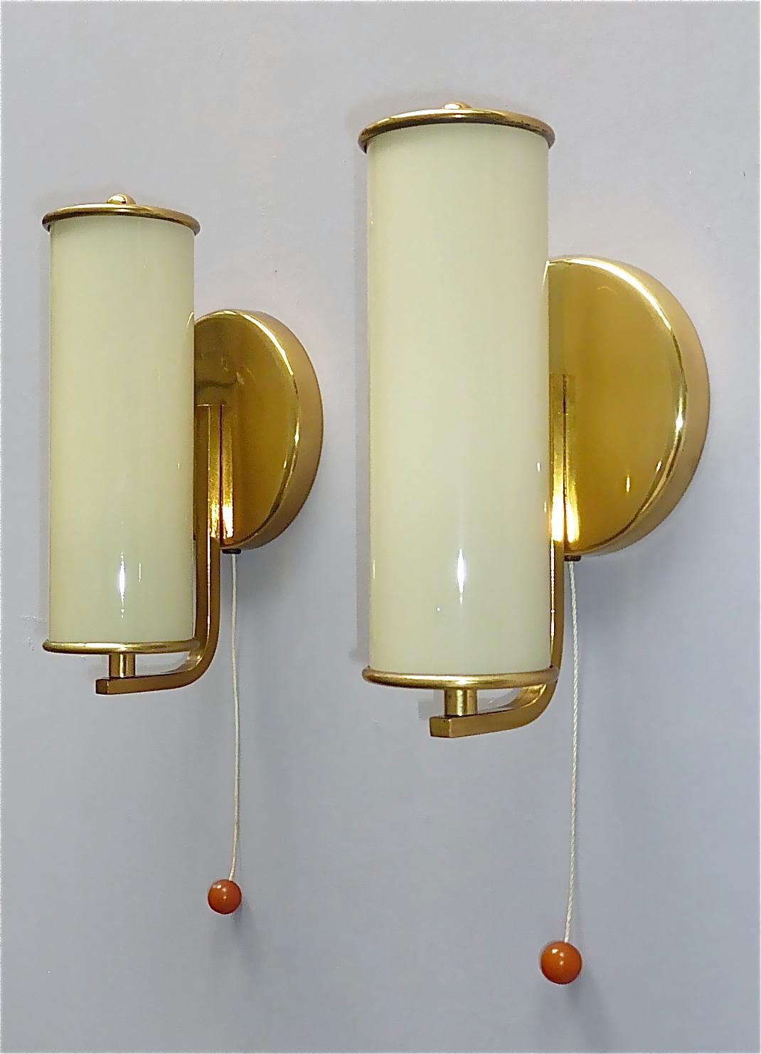 Patinated Pair Modernist Bauhaus Sconces Tynell Style Brass Yellow Tube Glass Shades 1930s