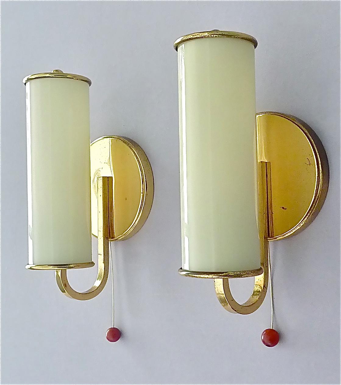 Patinated Pair Modernist Bauhaus Sconces Tynell Style Brass Yellow Tube Glass Shades 1930s