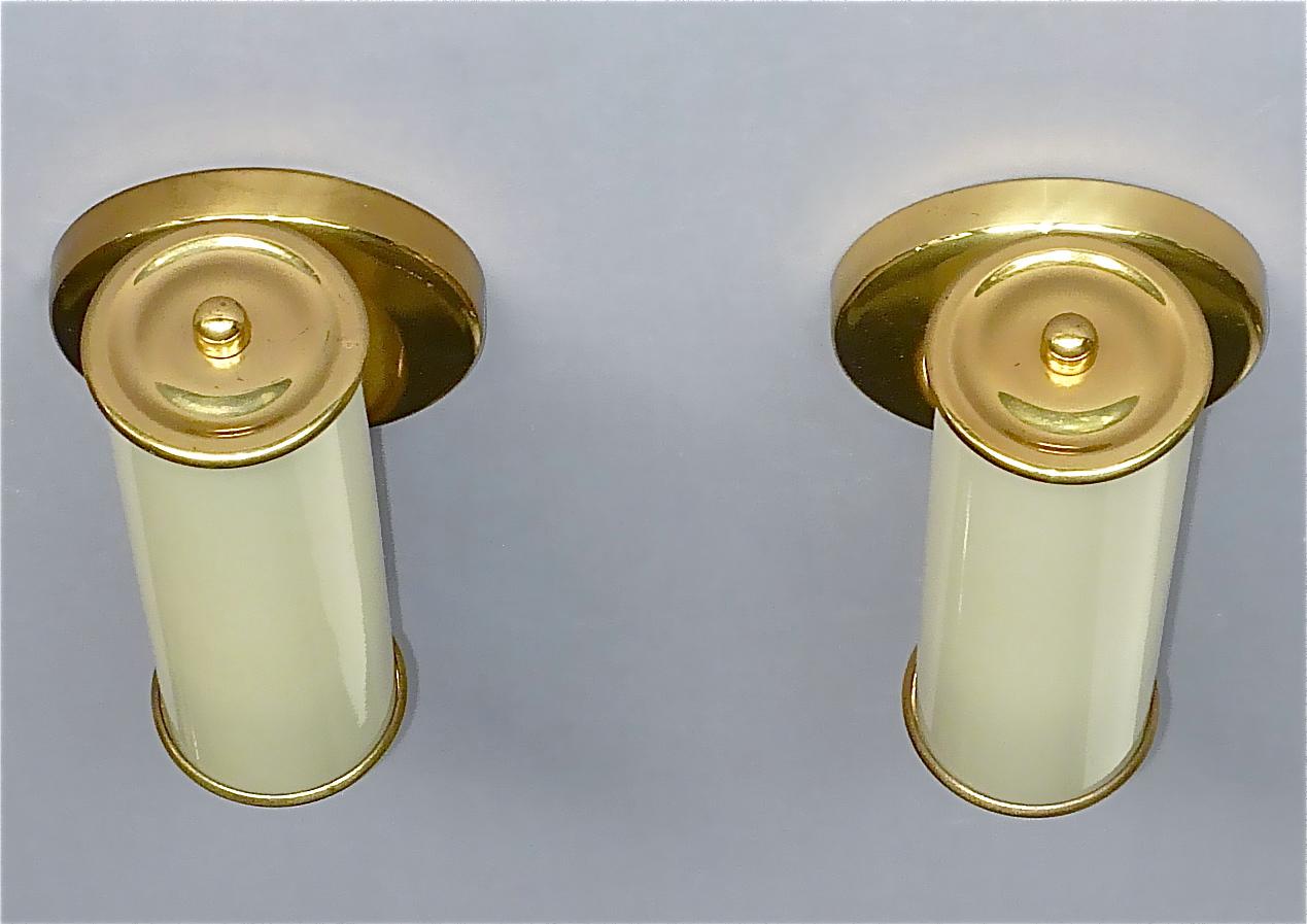 Pair Modernist Bauhaus Sconces Tynell Style Brass Yellow Tube Glass Shades 1930s In Good Condition In Nierstein am Rhein, DE