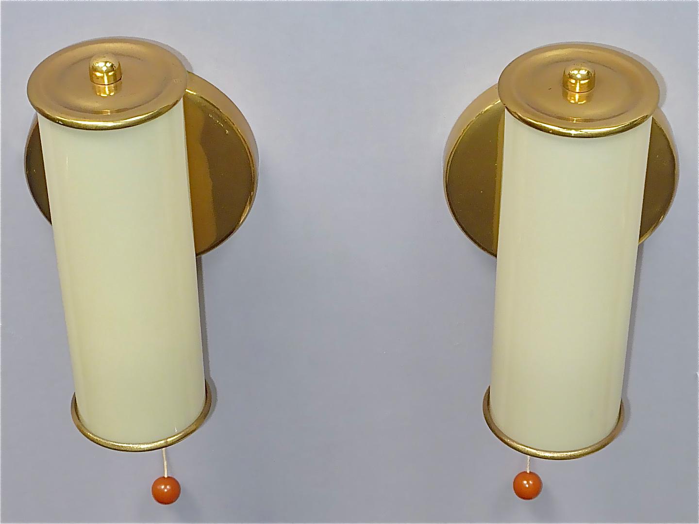 Mid-20th Century Pair Modernist Bauhaus Sconces Tynell Style Brass Yellow Tube Glass Shades 1930s