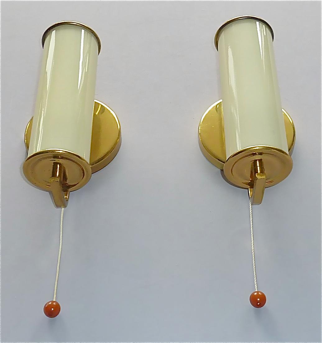 Bakelite Pair Modernist Bauhaus Sconces Tynell Style Brass Yellow Tube Glass Shades 1930s