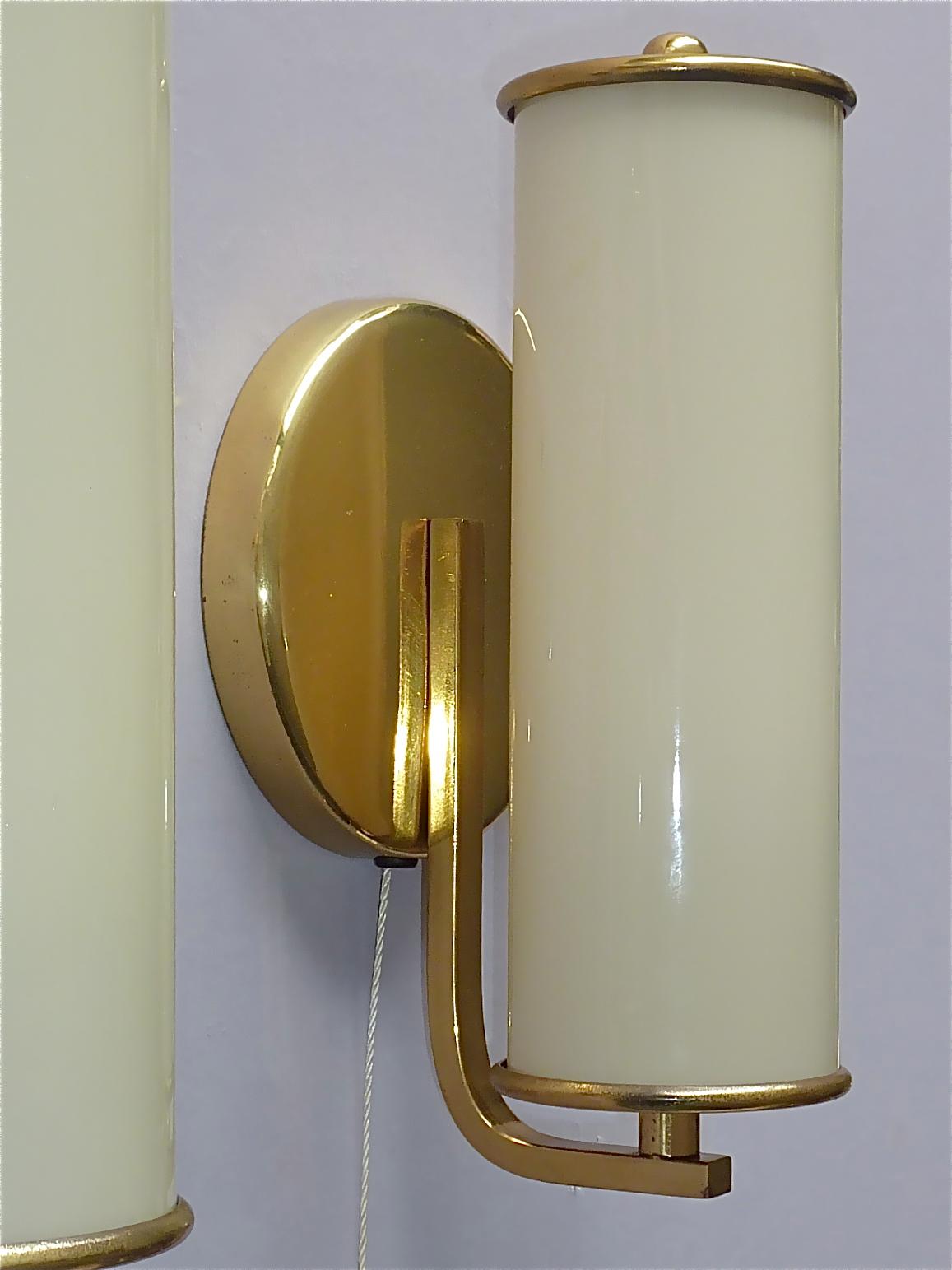 Pair Modernist Bauhaus Sconces Tynell Style Brass Yellow Tube Glass Shades 1930s 2