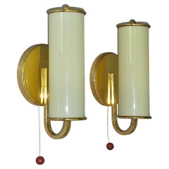 Pair Modernist Bauhaus Sconces Tynell Style Brass Yellow Tube Glass Shades 1930s