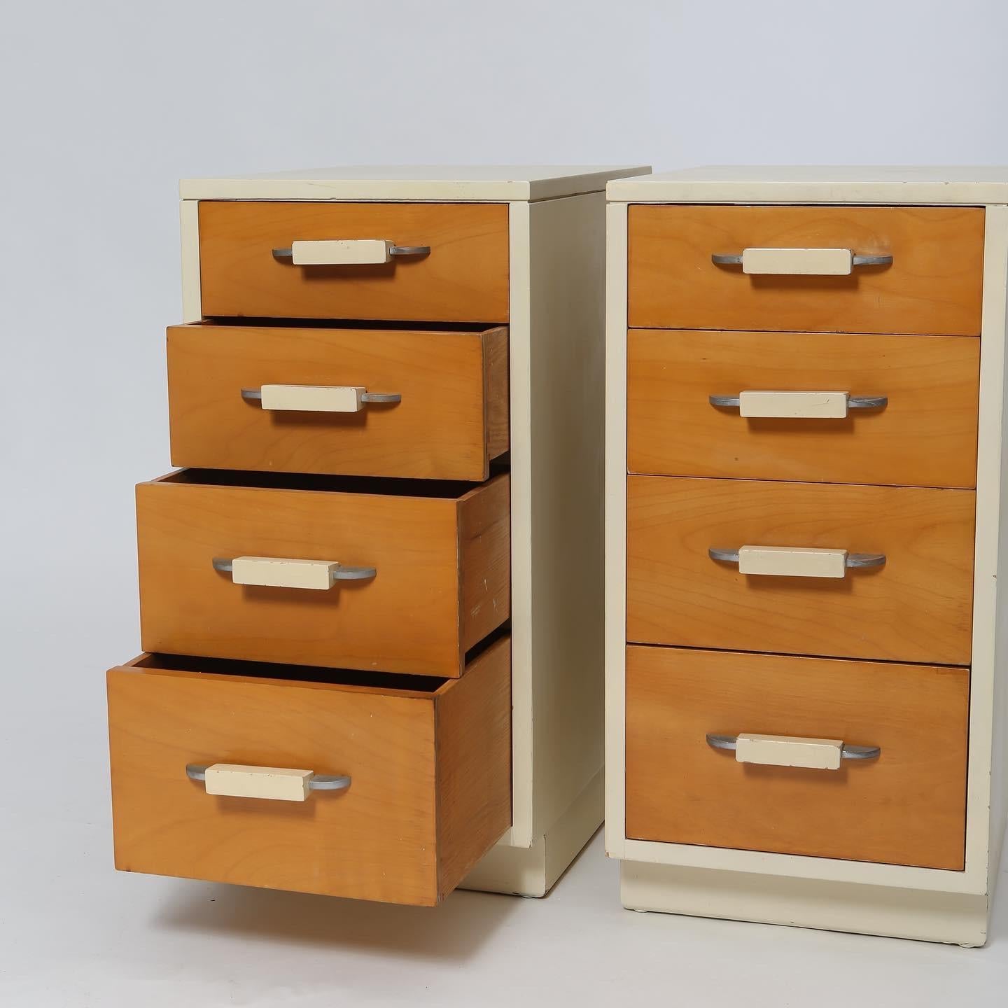 Part of the collection “Modern coordinates” by father and daughter Saarinen design team for Johnson Furniture, these storage tables are versatile and stylish. Lacquered ivory case with birch fronts and painted wood pulls. Four drawers ascending in