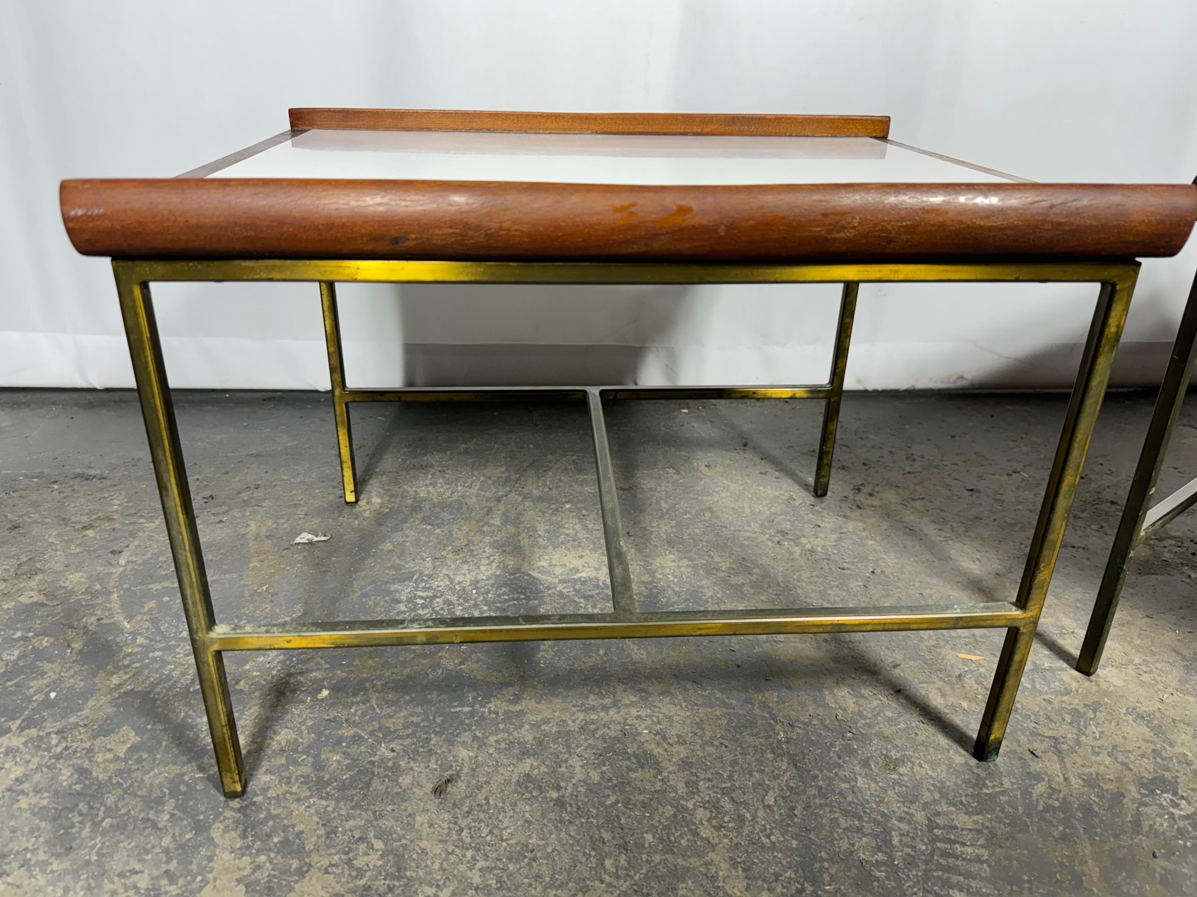 Pair Modernist Brass / Walnut / Laminet Tables attrib to Paul McCobb..Great design,, Retains original finish, heavy patina, aged,,minor wear to wood, minor sctatches to white laminate,, 