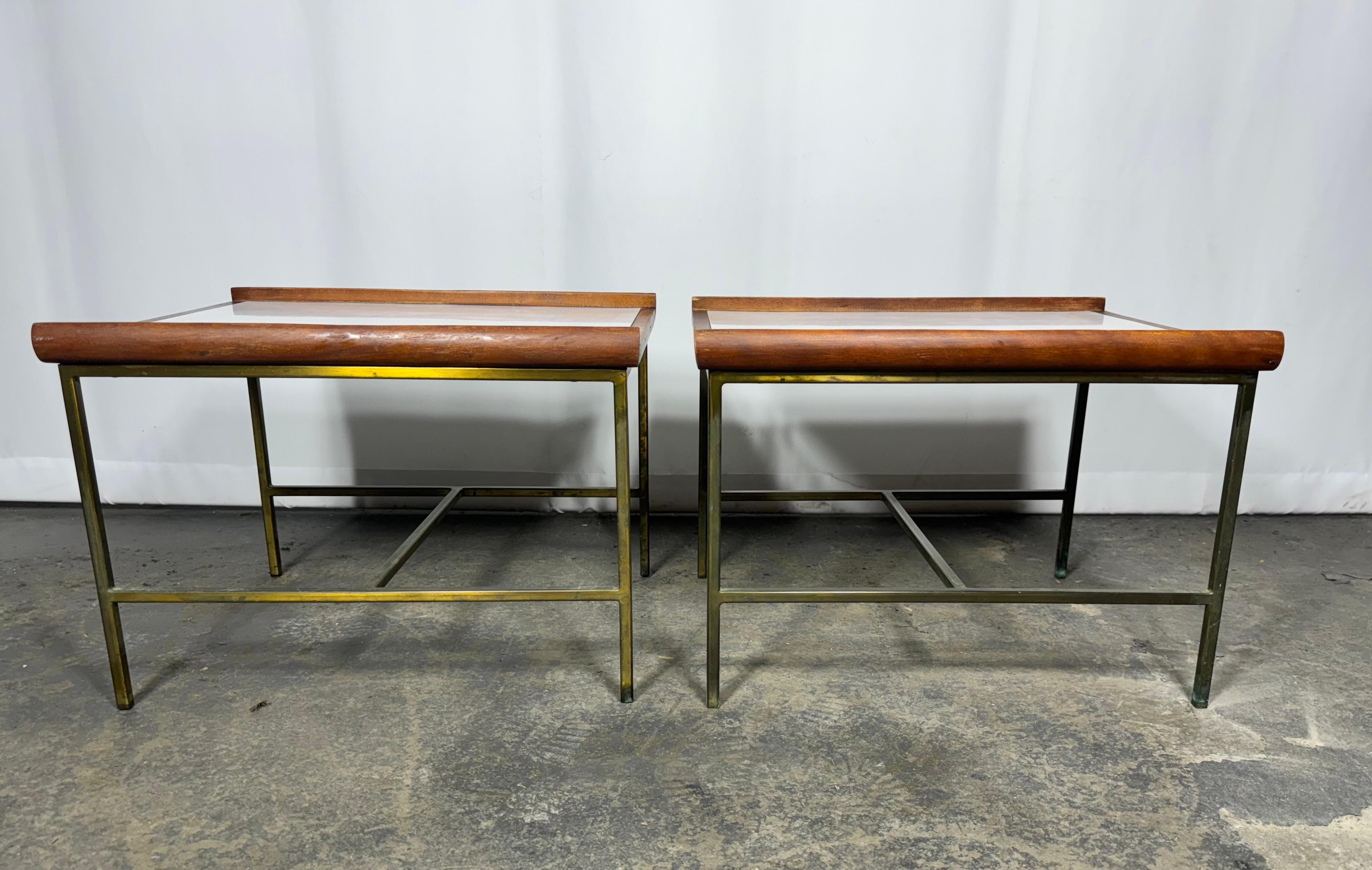 Mid-Century Modern Pair Modernist Brass / Walnut / Laminet Tables attrib to Paul McCobb For Sale