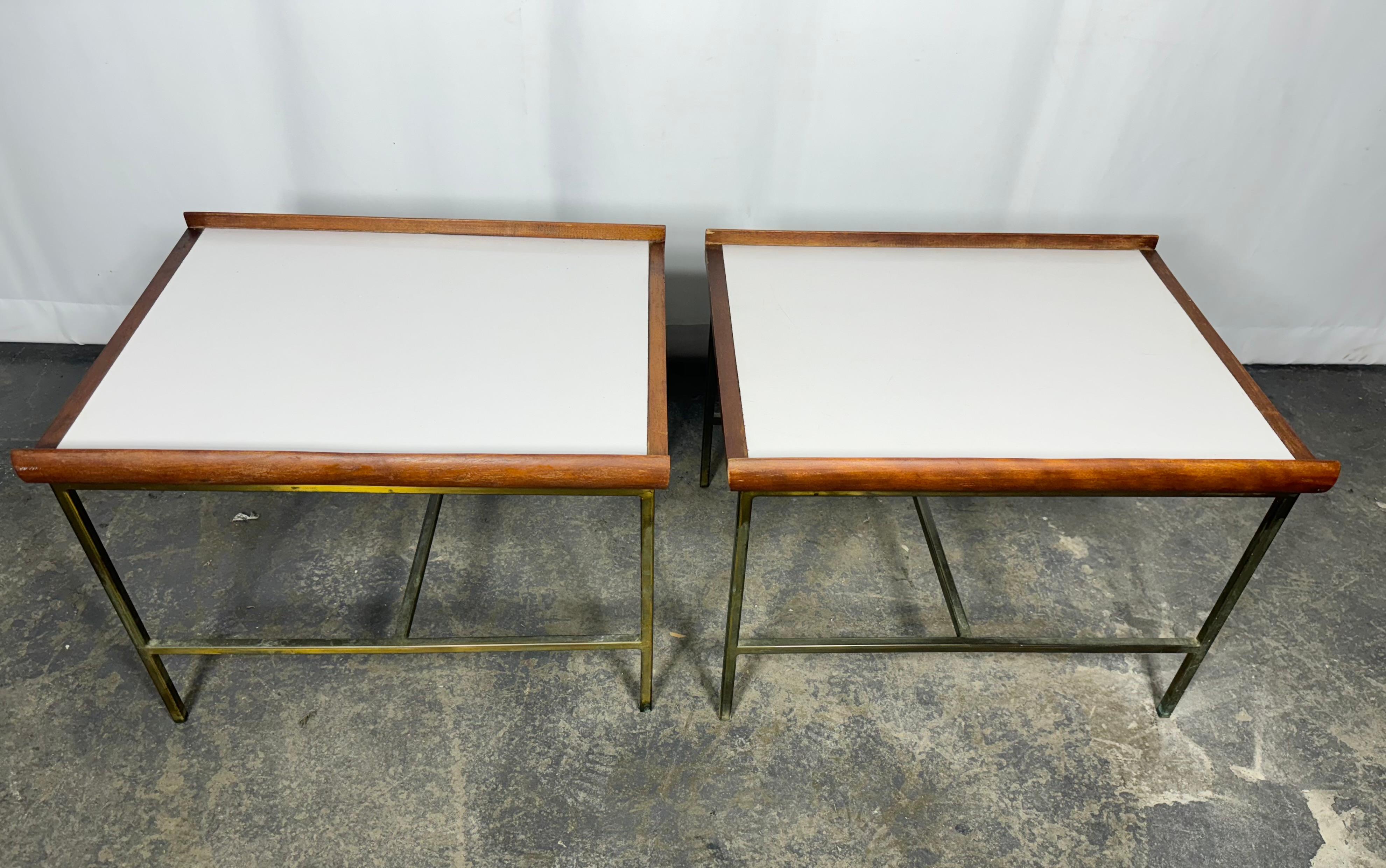 American Pair Modernist Brass / Walnut / Laminet Tables attrib to Paul McCobb For Sale