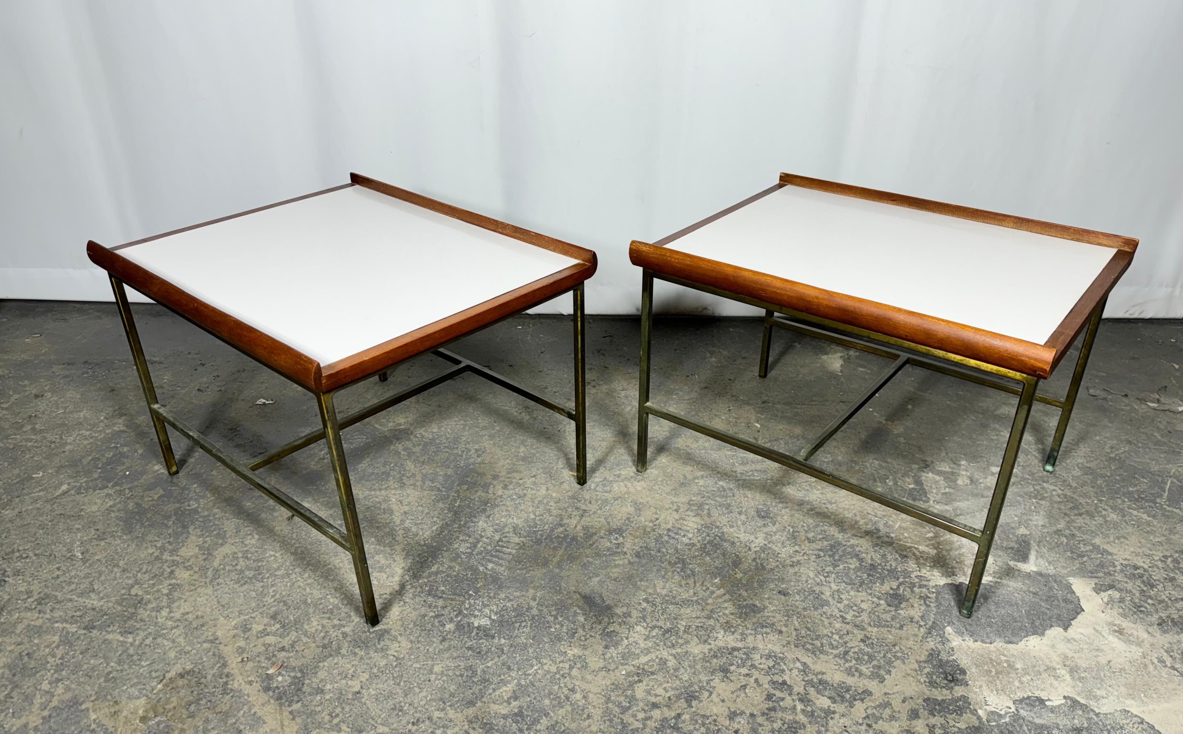 Pair Modernist Brass / Walnut / Laminet Tables attrib to Paul McCobb In Good Condition For Sale In Buffalo, NY