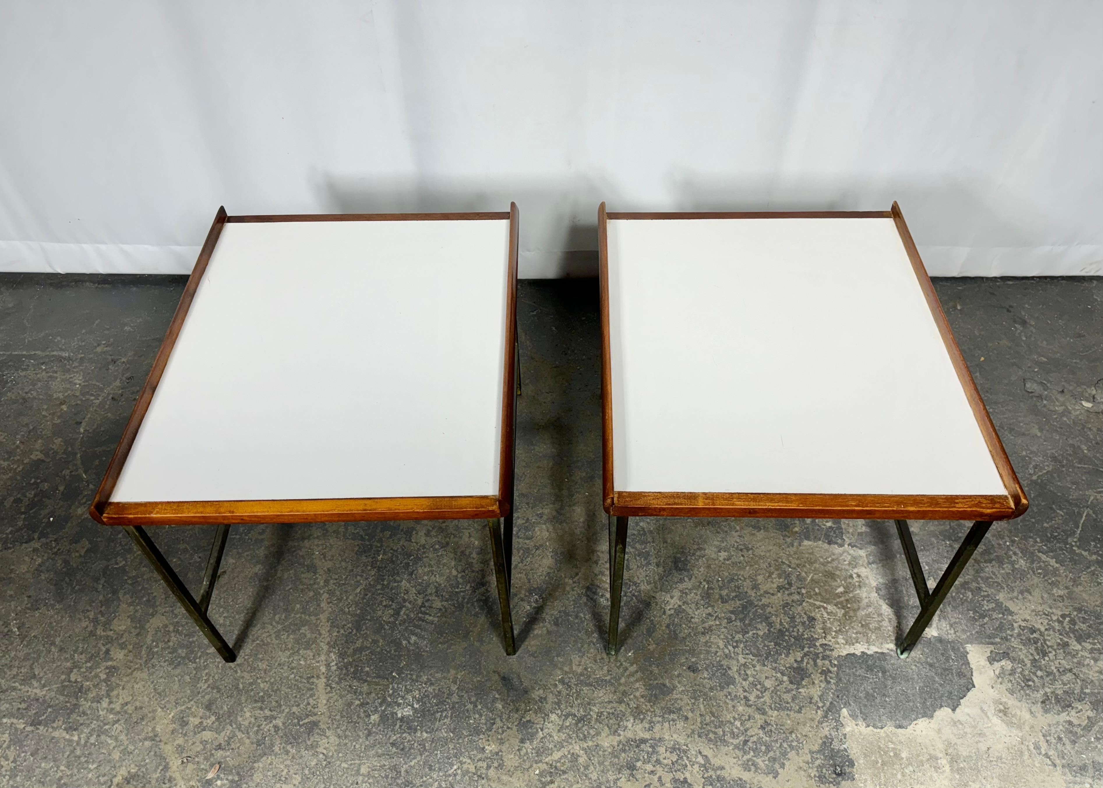Pair Modernist Brass / Walnut / Laminet Tables attrib to Paul McCobb For Sale 1