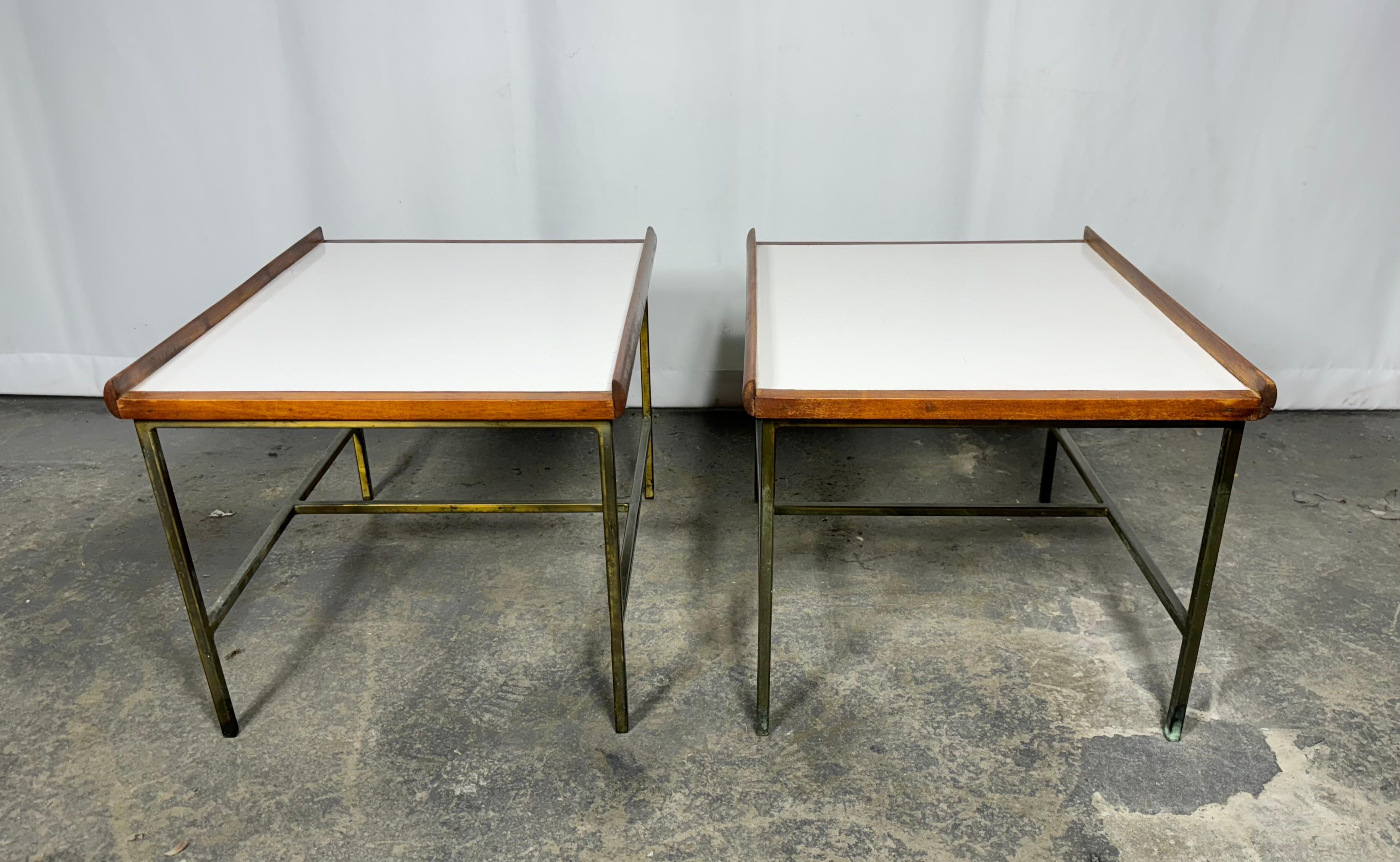 Pair Modernist Brass / Walnut / Laminet Tables attrib to Paul McCobb For Sale 2