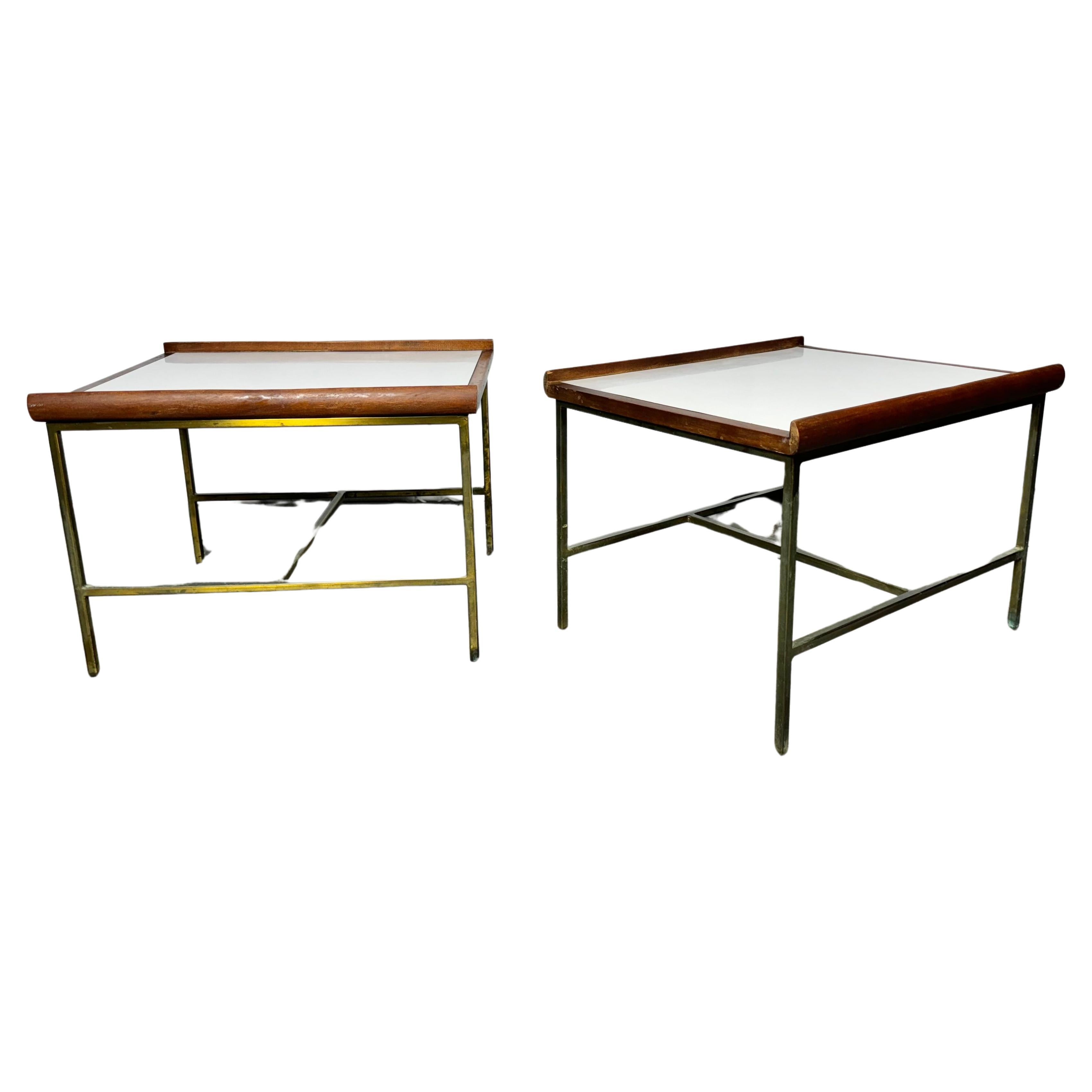 Pair Modernist Brass / Walnut / Laminet Tables attrib to Paul McCobb For Sale