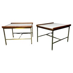 Pair Modernist Brass / Walnut / Laminet Tables attrib to Paul McCobb