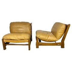 Pair Modernist Brazilian Style Leather, canvas & wood lounge chairs c. 1970's