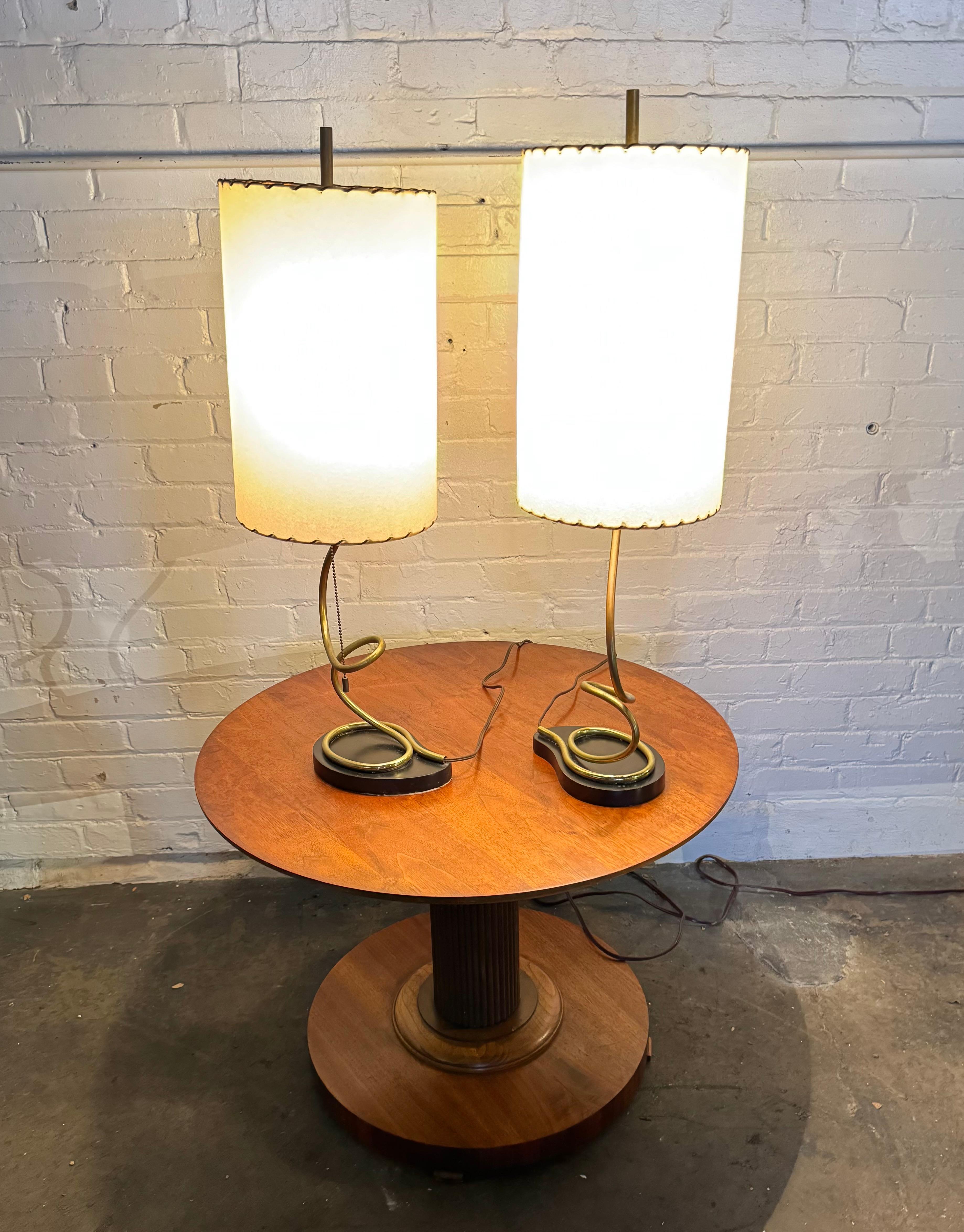 Classic Mid Century Pair Coil Brass and Metal Table Lamps ,Not certain of the manufacturer or designer ?  I have seen these attributed to THE MAJESTIC LAMP CO. and Yasha Heifetz .. ?? In any event great design, brass coil stemming up from paisley