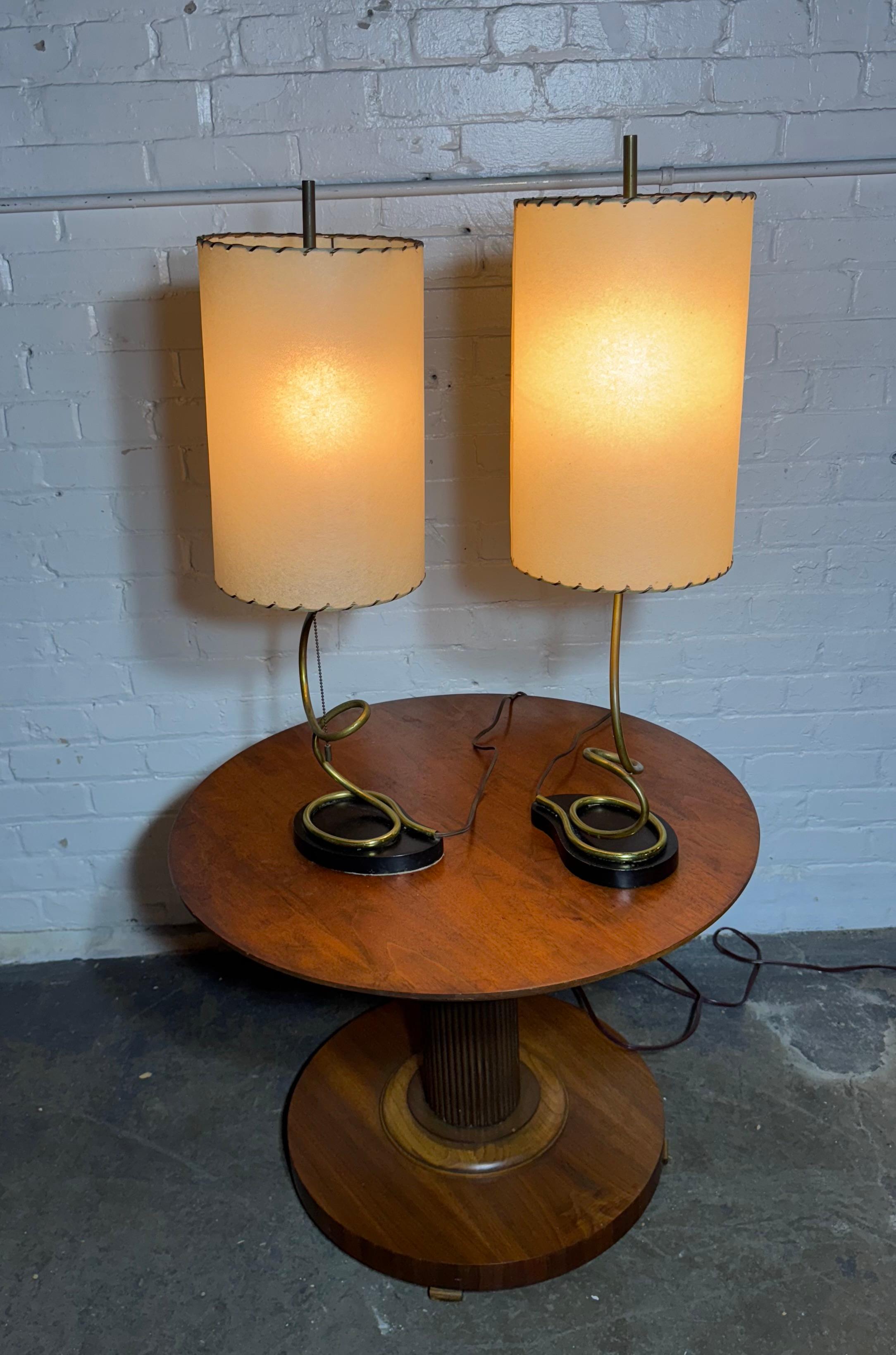 American Pair Modernist Coil Brass and Metal Table Lamps , Majestic / Heifetz For Sale