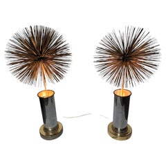 Pair Modernist Curtis Jere Mixed Metals Spiky Pom Pom Table Lamps 1960s