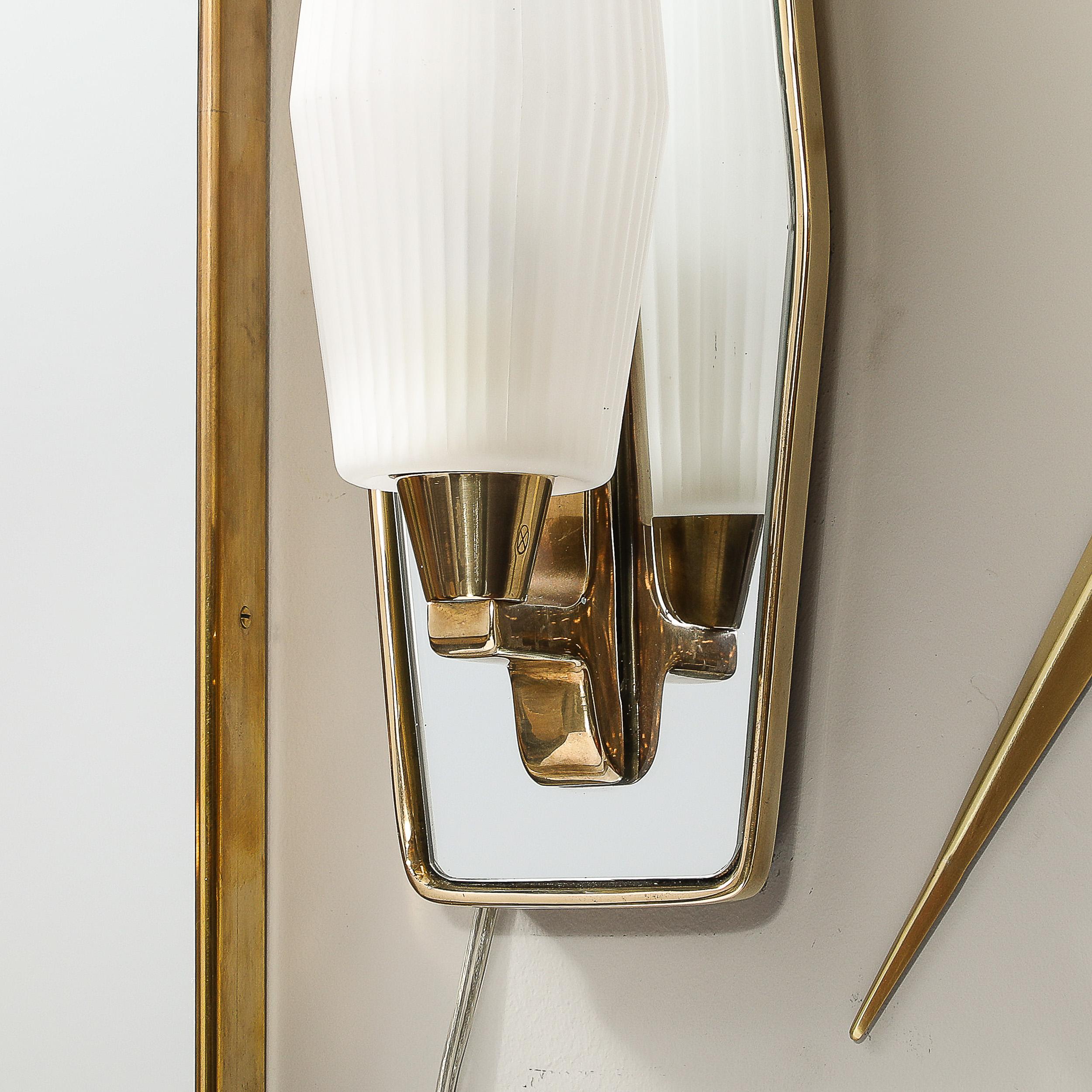 Pair Modernist Frosted Glass & Brass Sconces with Mirrored Frame 6