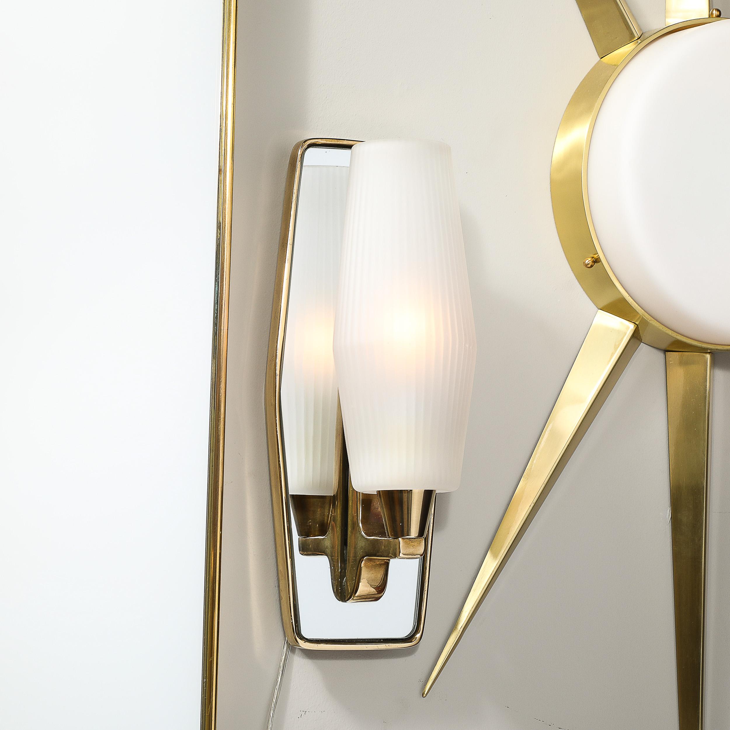 Pair Modernist Frosted Glass & Brass Sconces with Mirrored Frame In Excellent Condition In New York, NY