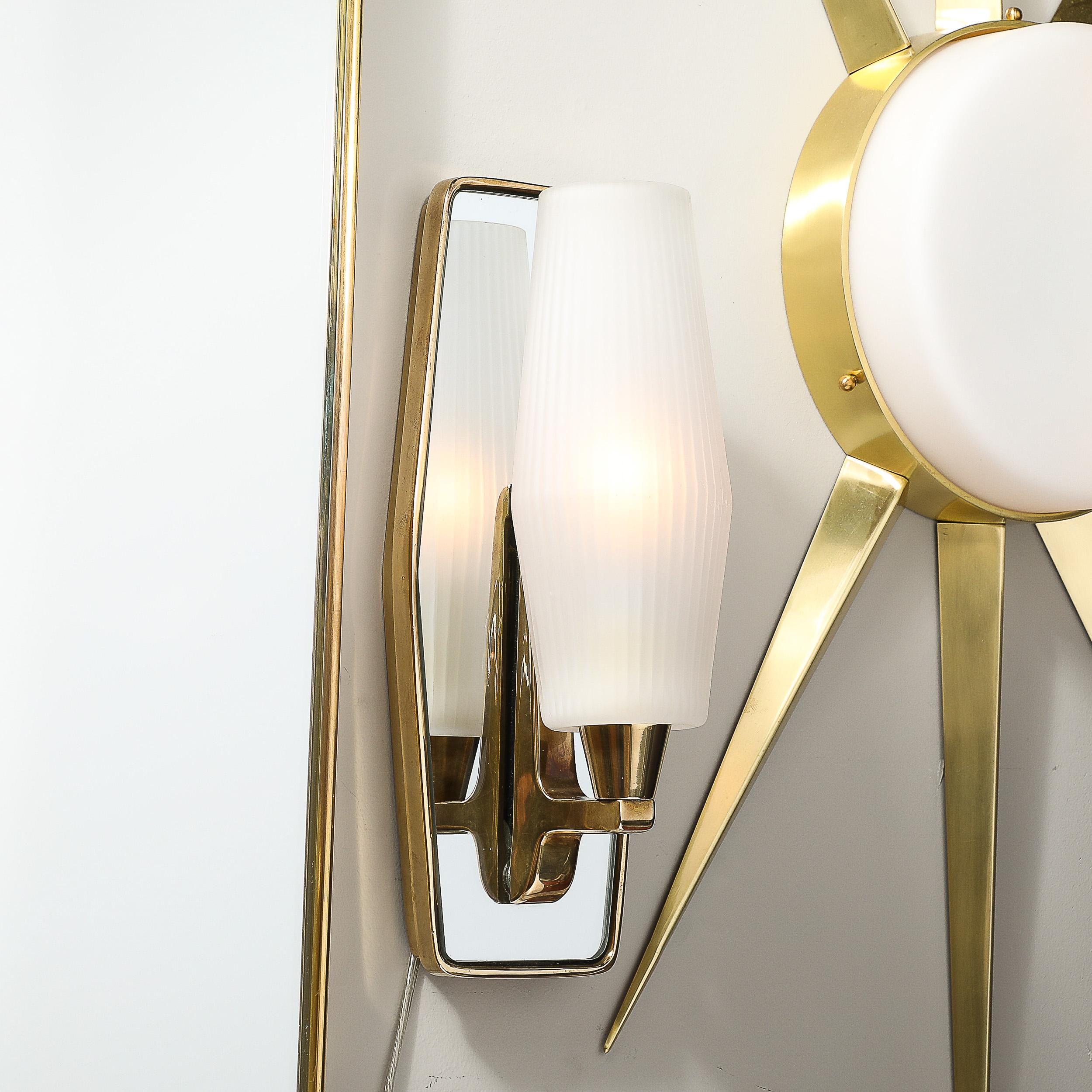 20th Century Pair Modernist Frosted Glass & Brass Sconces with Mirrored Frame