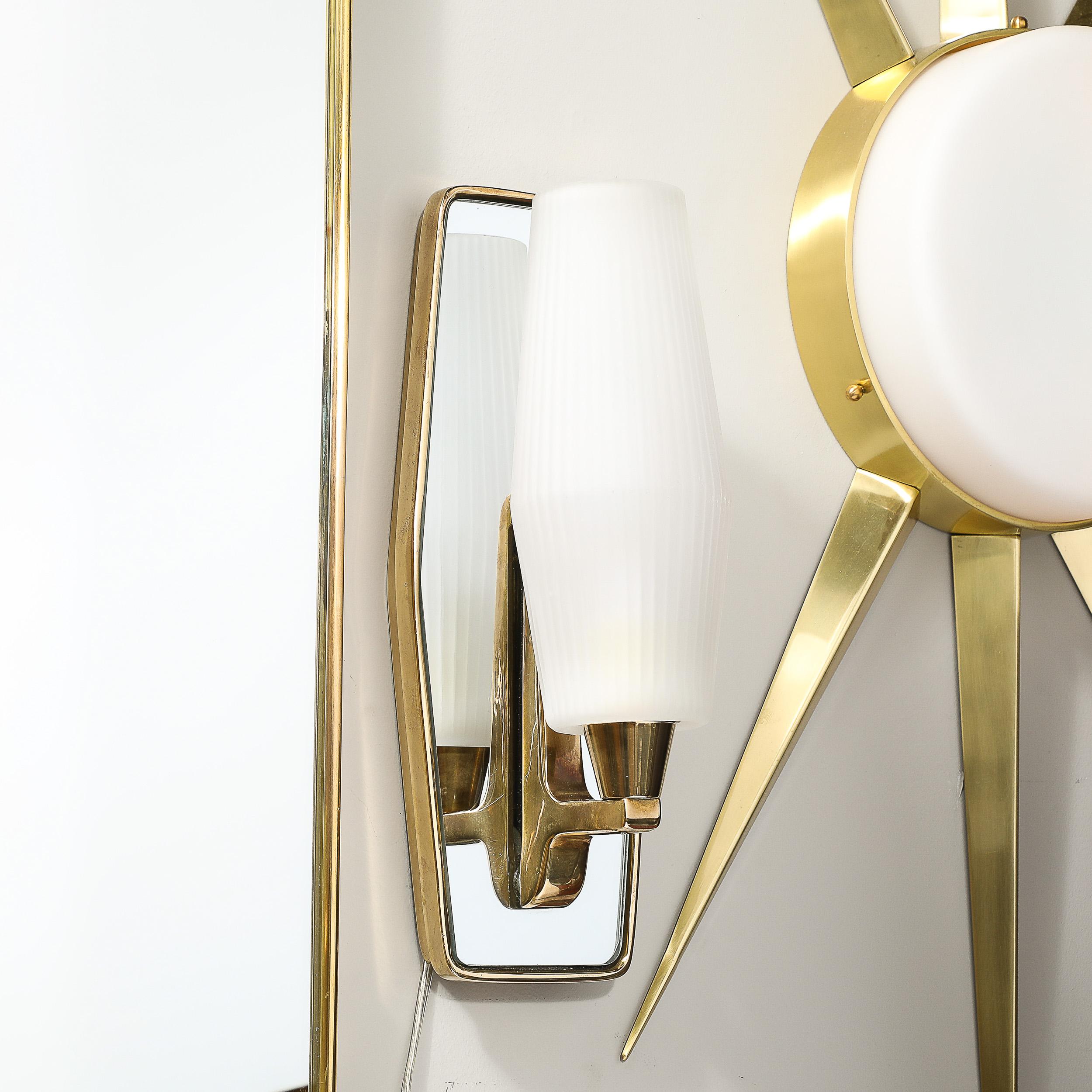 Pair Modernist Frosted Glass & Brass Sconces with Mirrored Frame 1