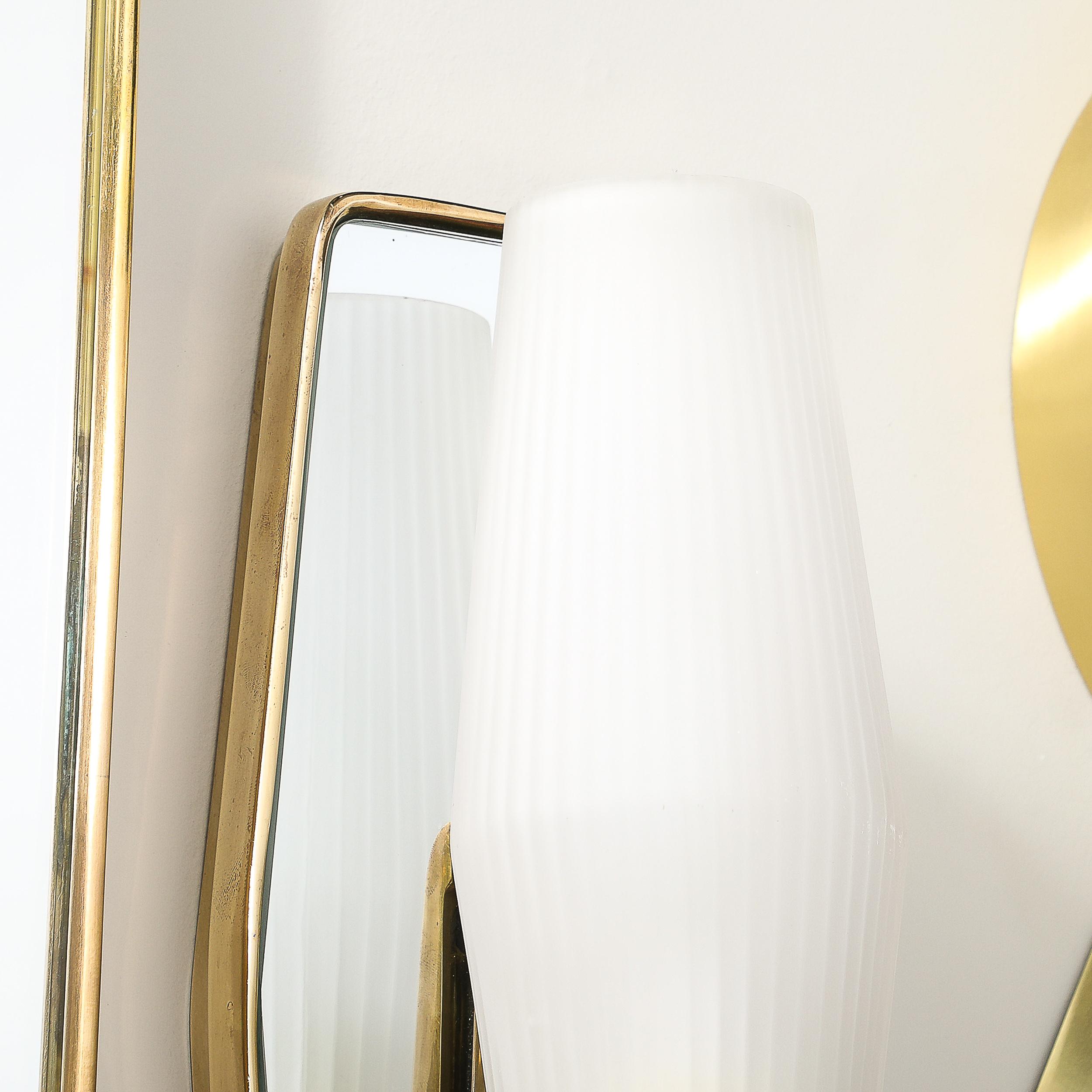 Pair Modernist Frosted Glass & Brass Sconces with Mirrored Frame 3
