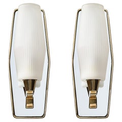 Pair Modernist Frosted Glass & Brass Sconces with Mirrored Frame