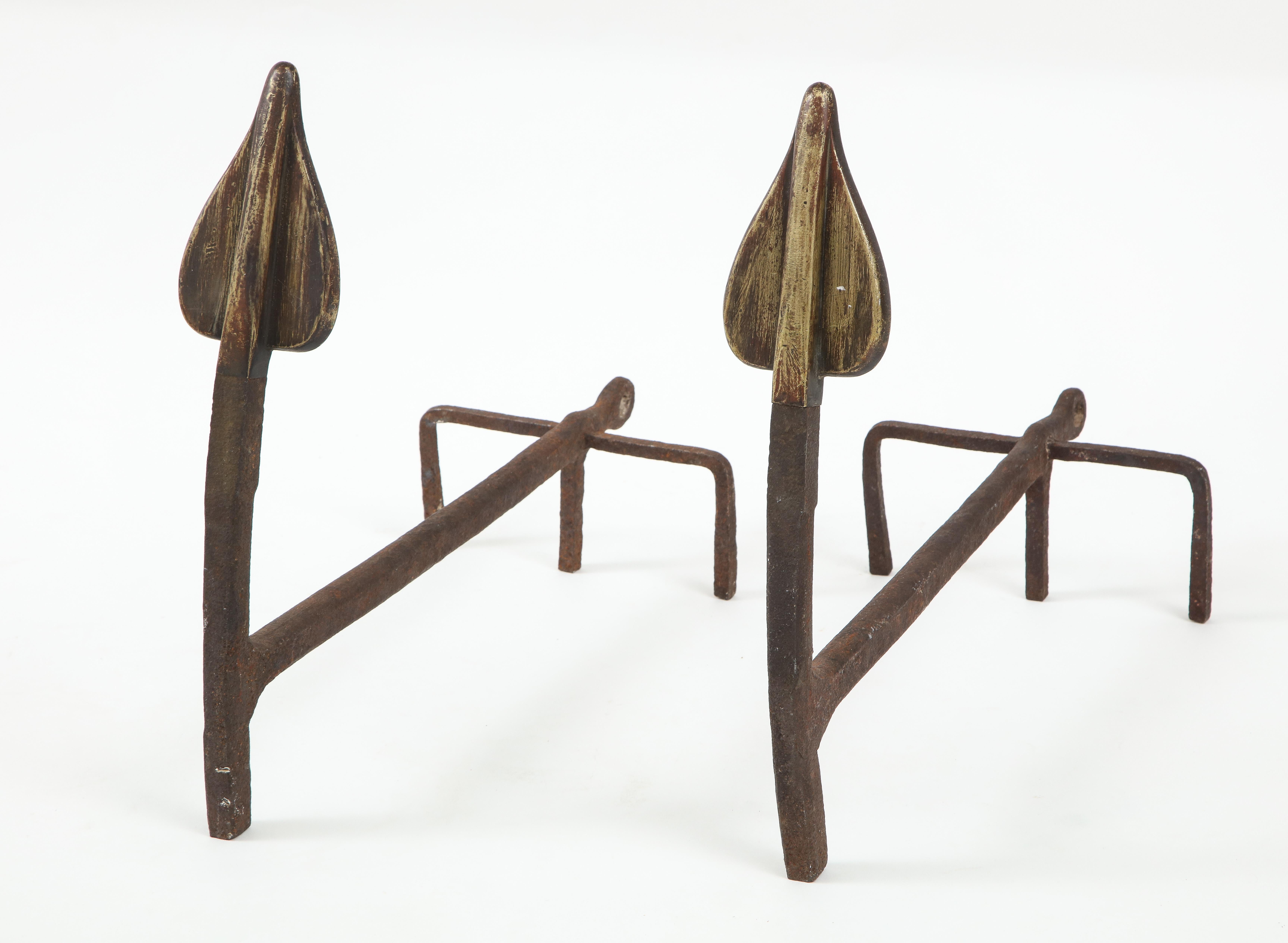 Wrought Iron Pair of Modernist Handwrought Fireplace Andirons