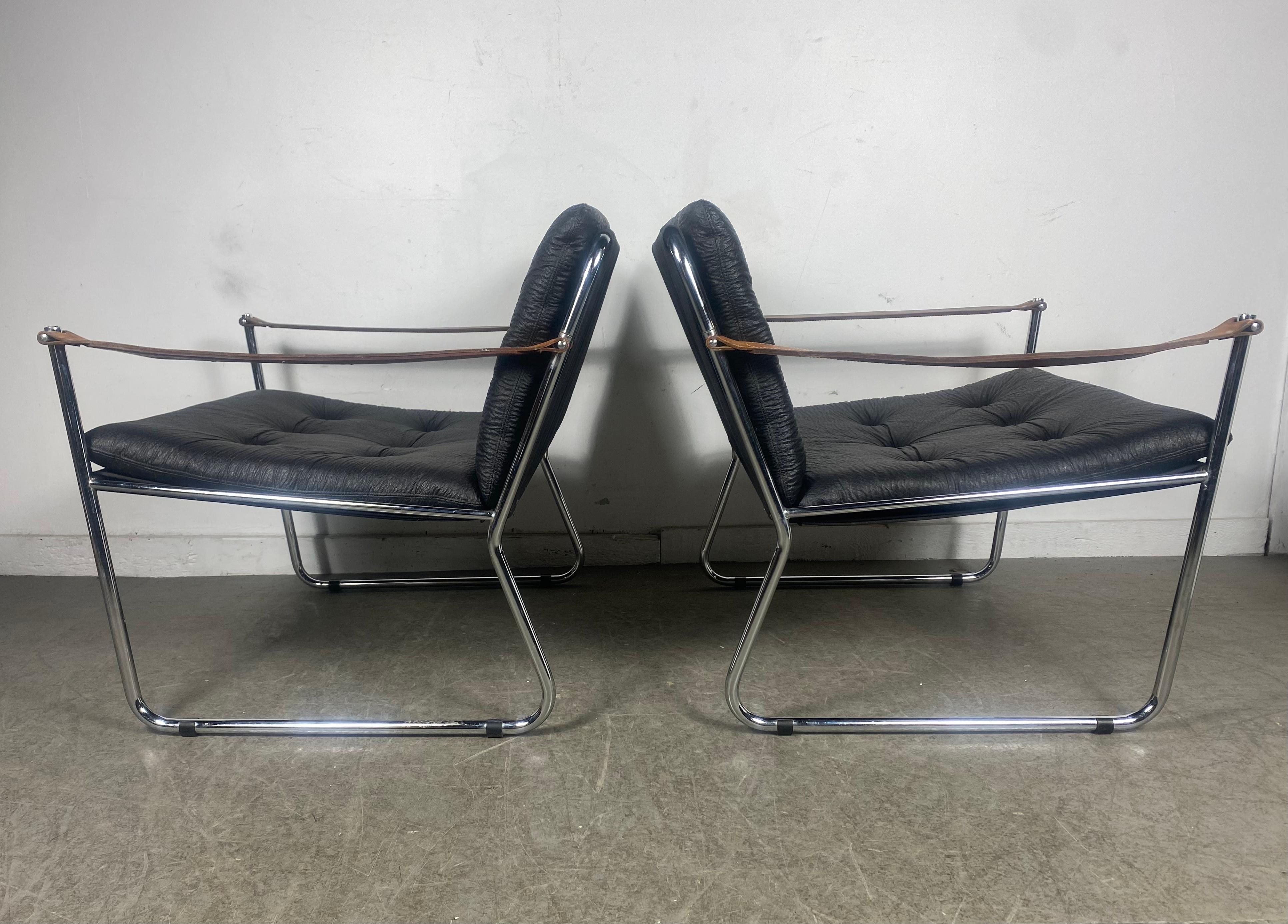 Unknown Pair Modernist Lc1 Safari Style Leather Strap Arm /Chrome Frame Sling Chairs