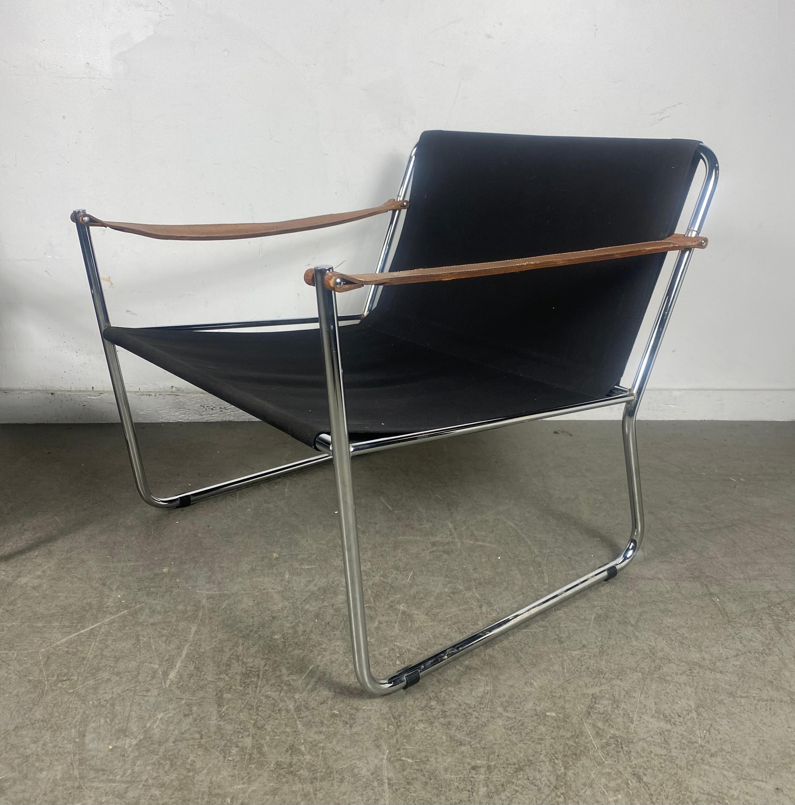 Pair Modernist Lc1 Safari Style Leather Strap Arm /Chrome Frame Sling Chairs In Good Condition In Buffalo, NY