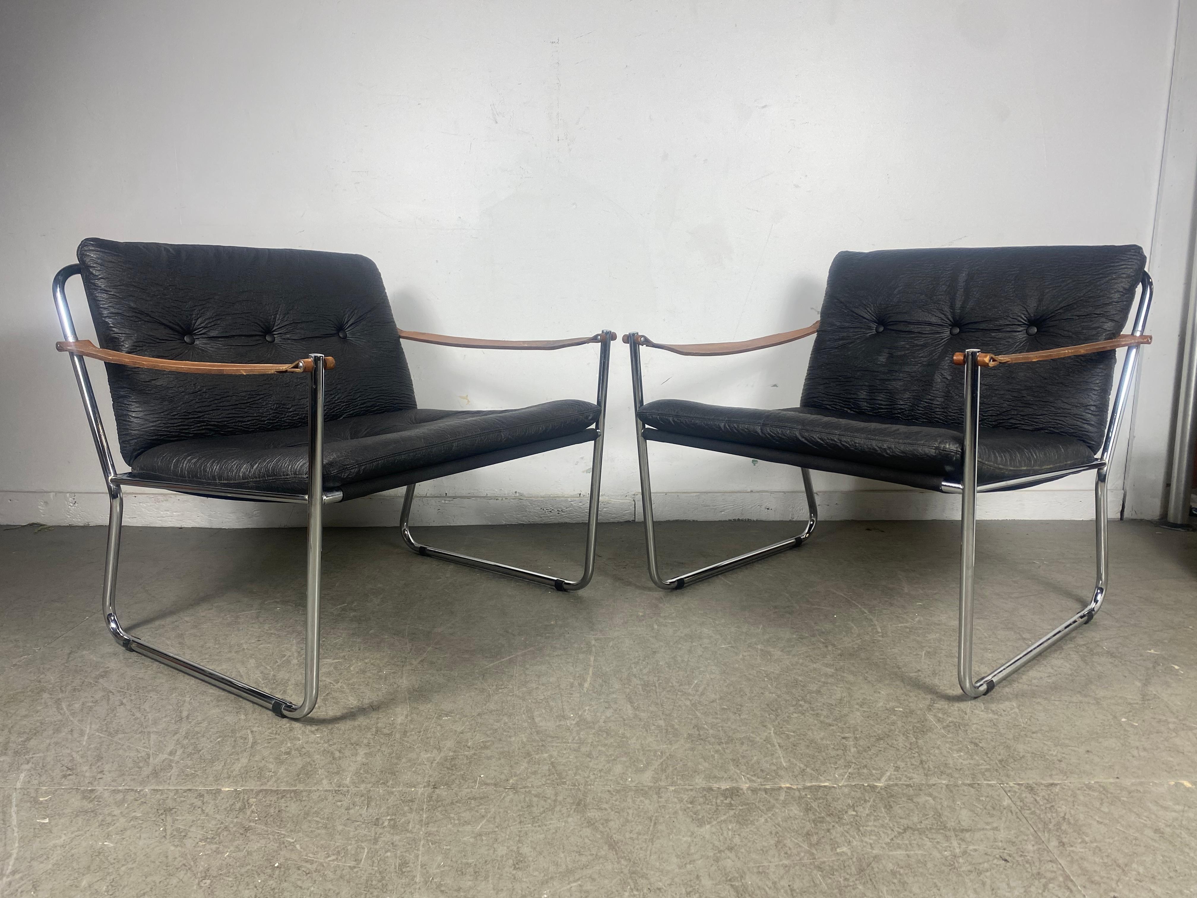 Late 20th Century Pair Modernist Lc1 Safari Style Leather Strap Arm /Chrome Frame Sling Chairs