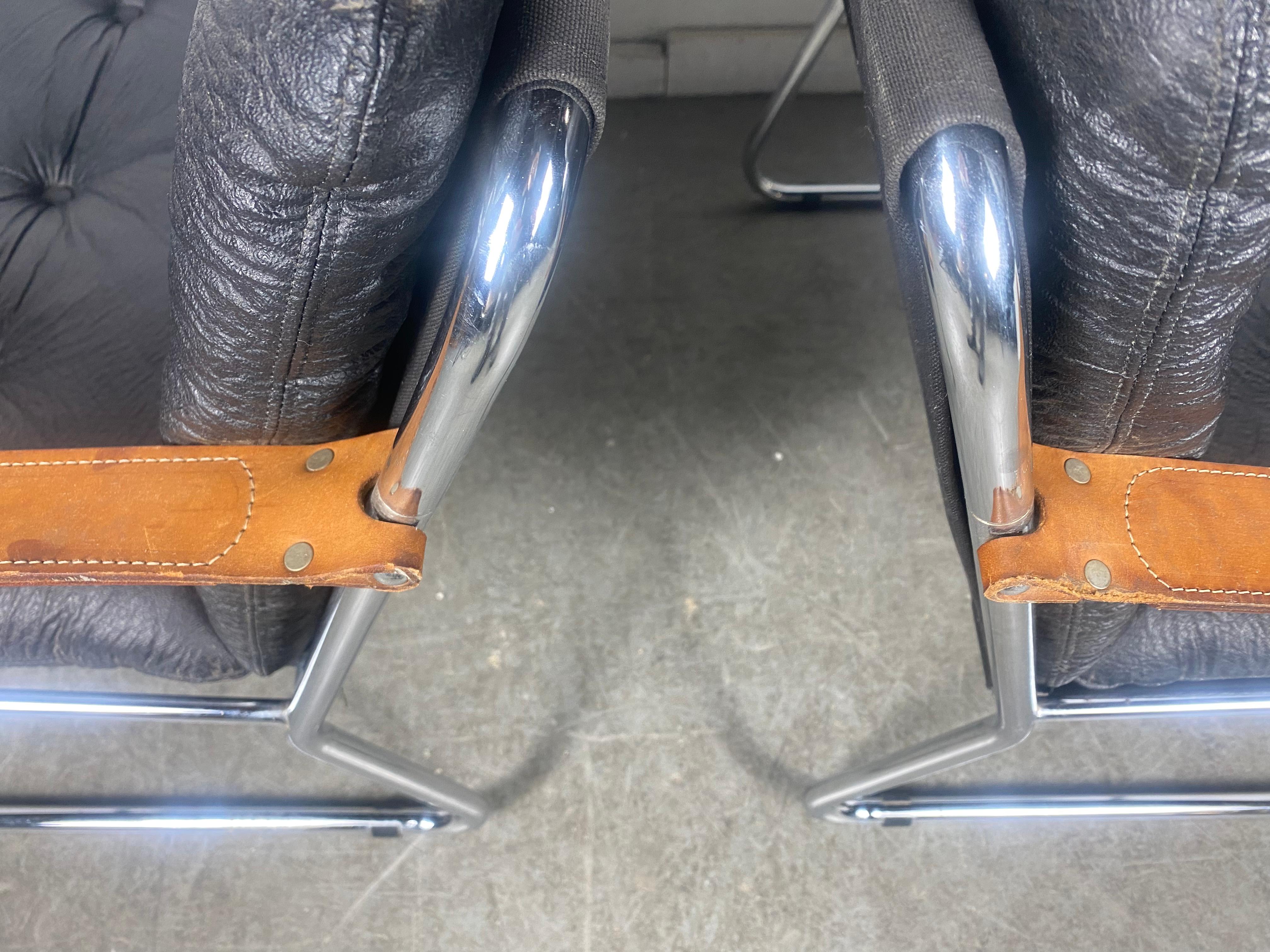 Naugahyde Pair Modernist Lc1 Safari Style Leather Strap Arm /Chrome Frame Sling Chairs
