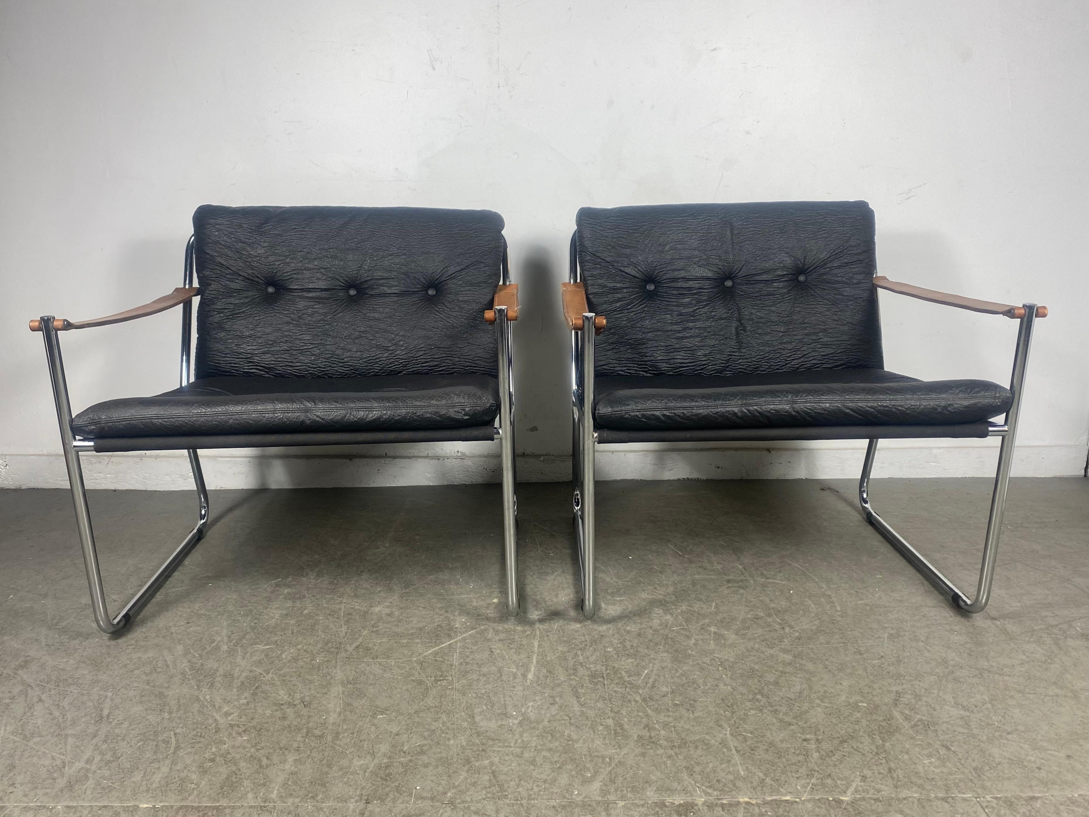 Pair Modernist Lc1 Safari Style Leather Strap Arm /Chrome Frame Sling Chairs 1