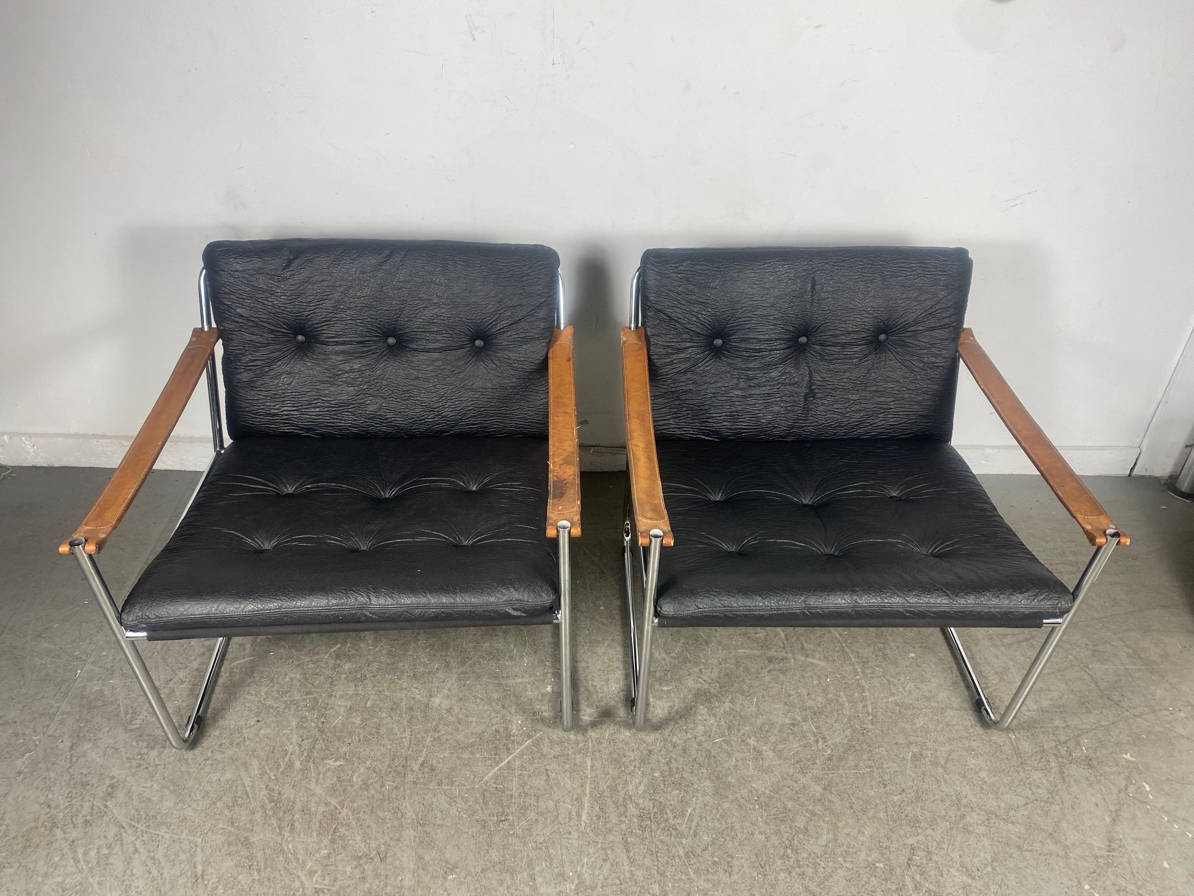 Pair Modernist Lc1 Safari Style Leather Strap Arm /Chrome Frame Sling Chairs 2