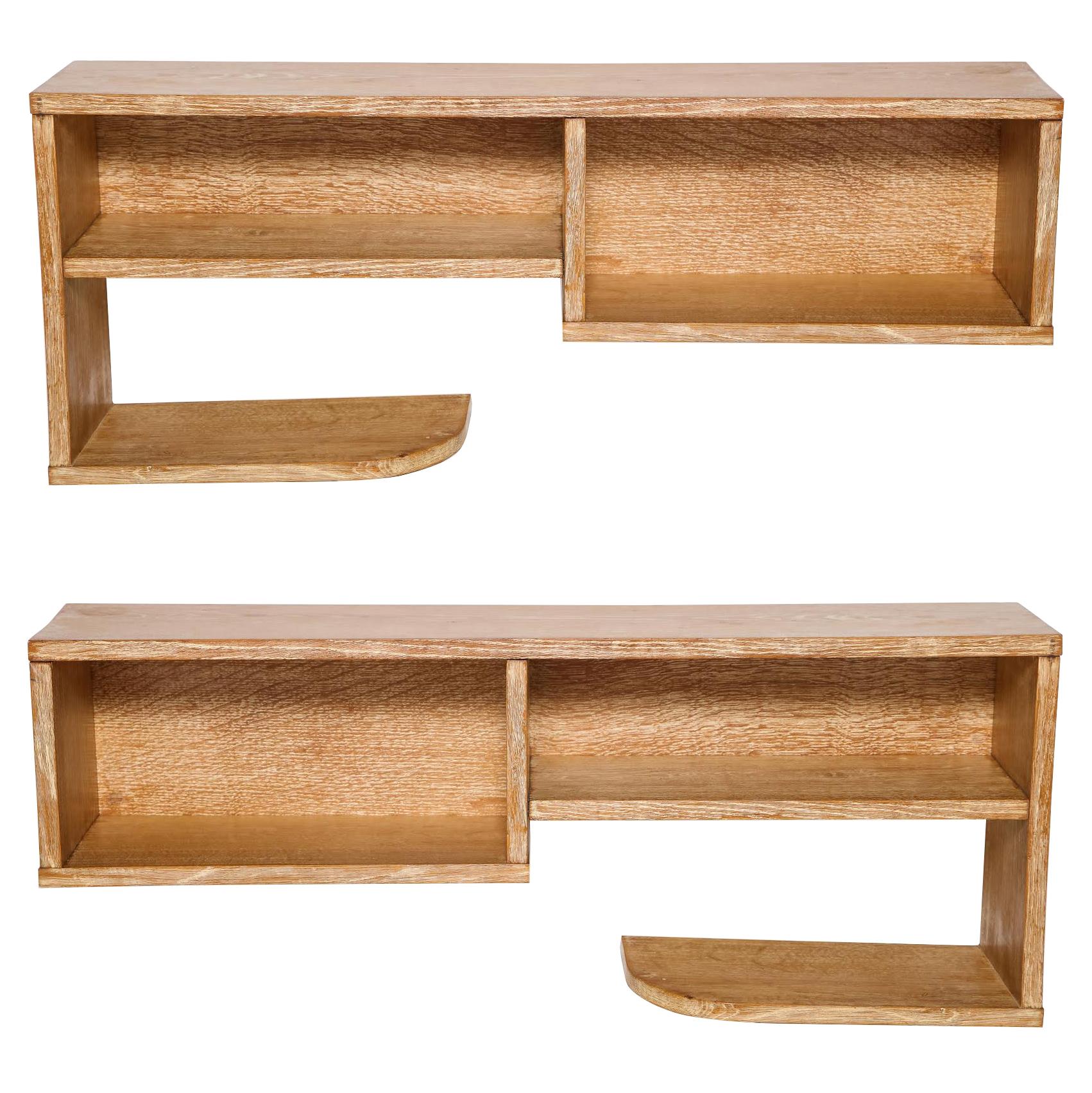 Pair Modernist Gouffe Cerused Oak Wall Shelf Deco, 1930s, France