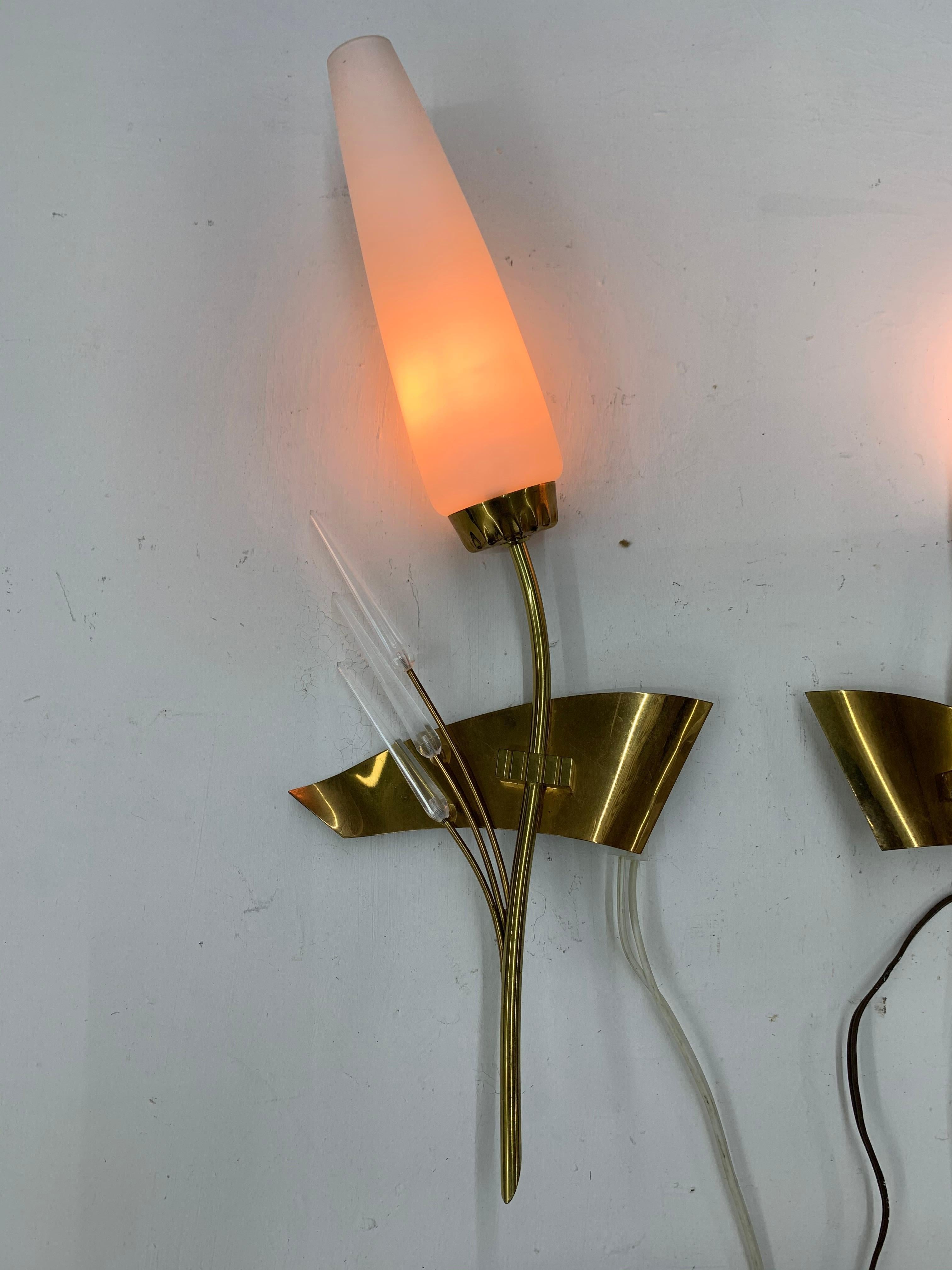Pair of Modernist Sconces by Maison Arlus in Brass and Opaline Glass, France For Sale 4