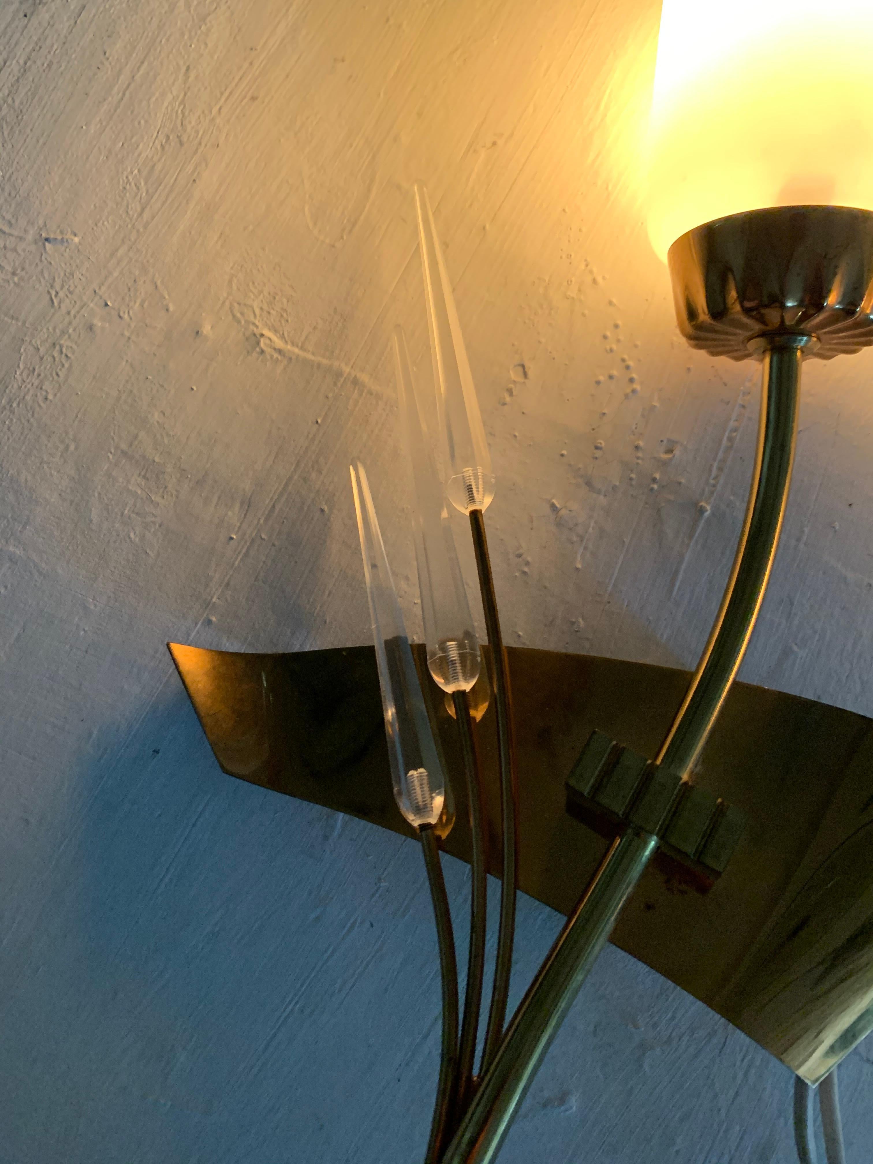 Pair of Modernist Sconces by Maison Arlus in Brass and Opaline Glass, France For Sale 7
