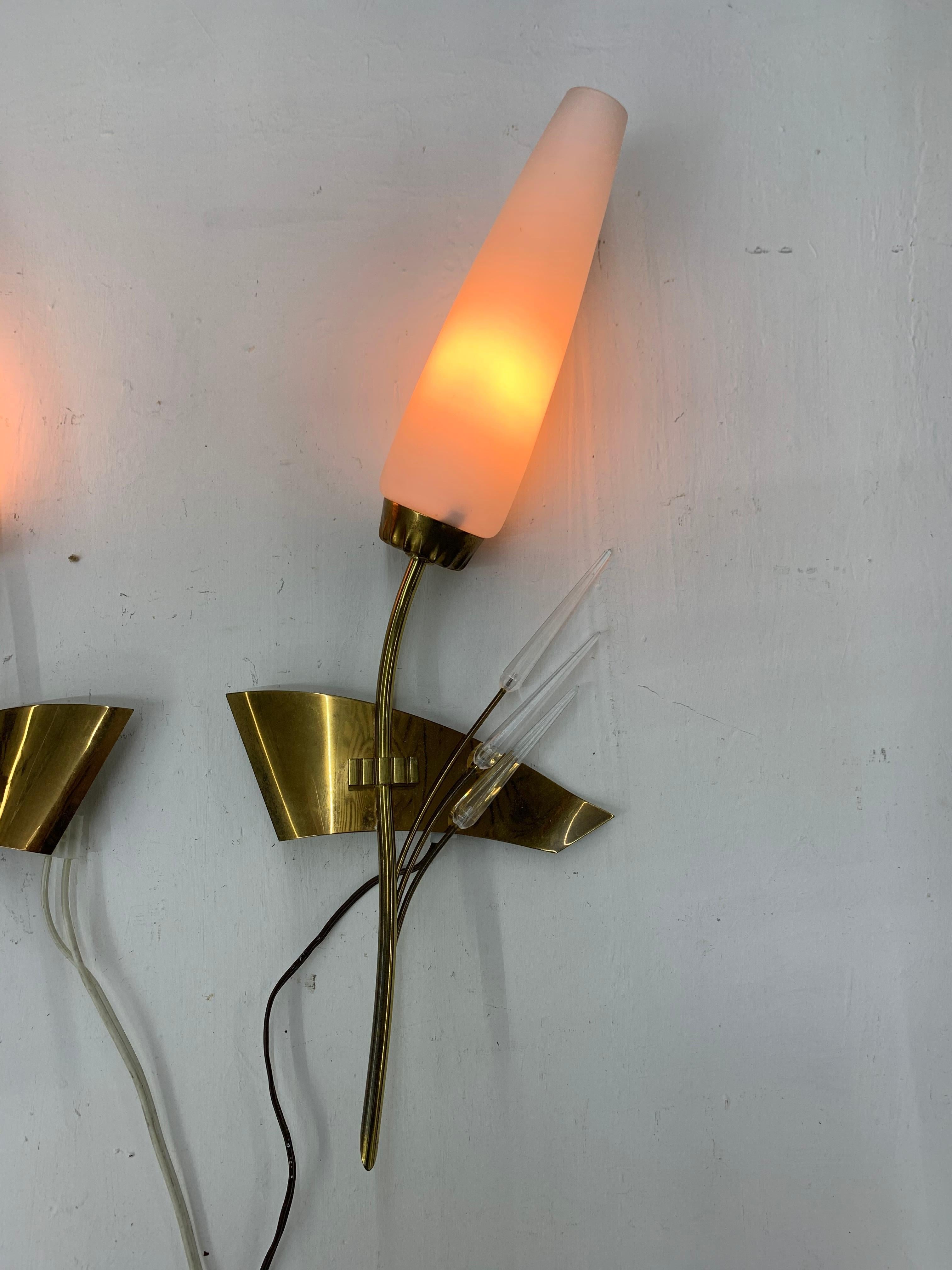 Pair of Modernist Sconces by Maison Arlus in Brass and Opaline Glass, France For Sale 9