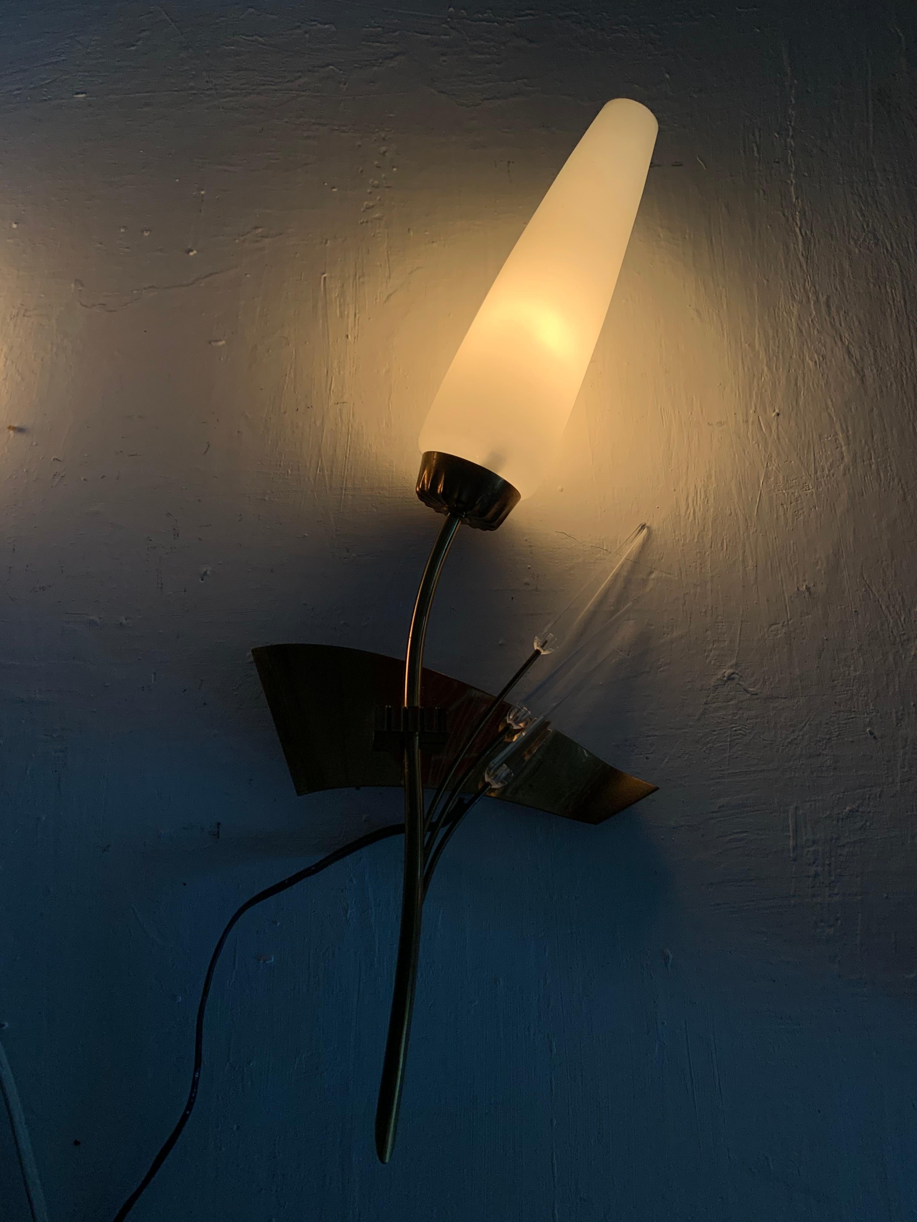 Pair of Modernist Sconces by Maison Arlus in Brass and Opaline Glass, France For Sale 10