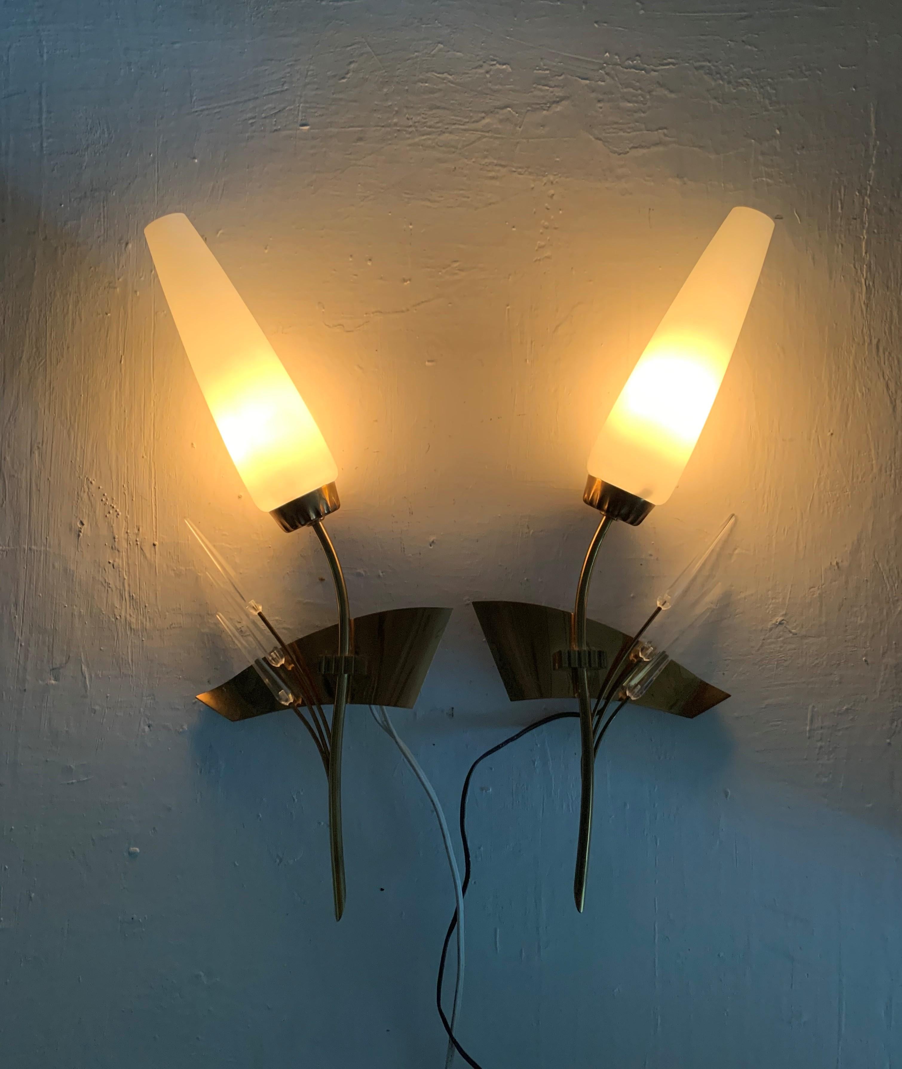 Mid-Century Modern Pair of Modernist Sconces by Maison Arlus in Brass and Opaline Glass, France For Sale