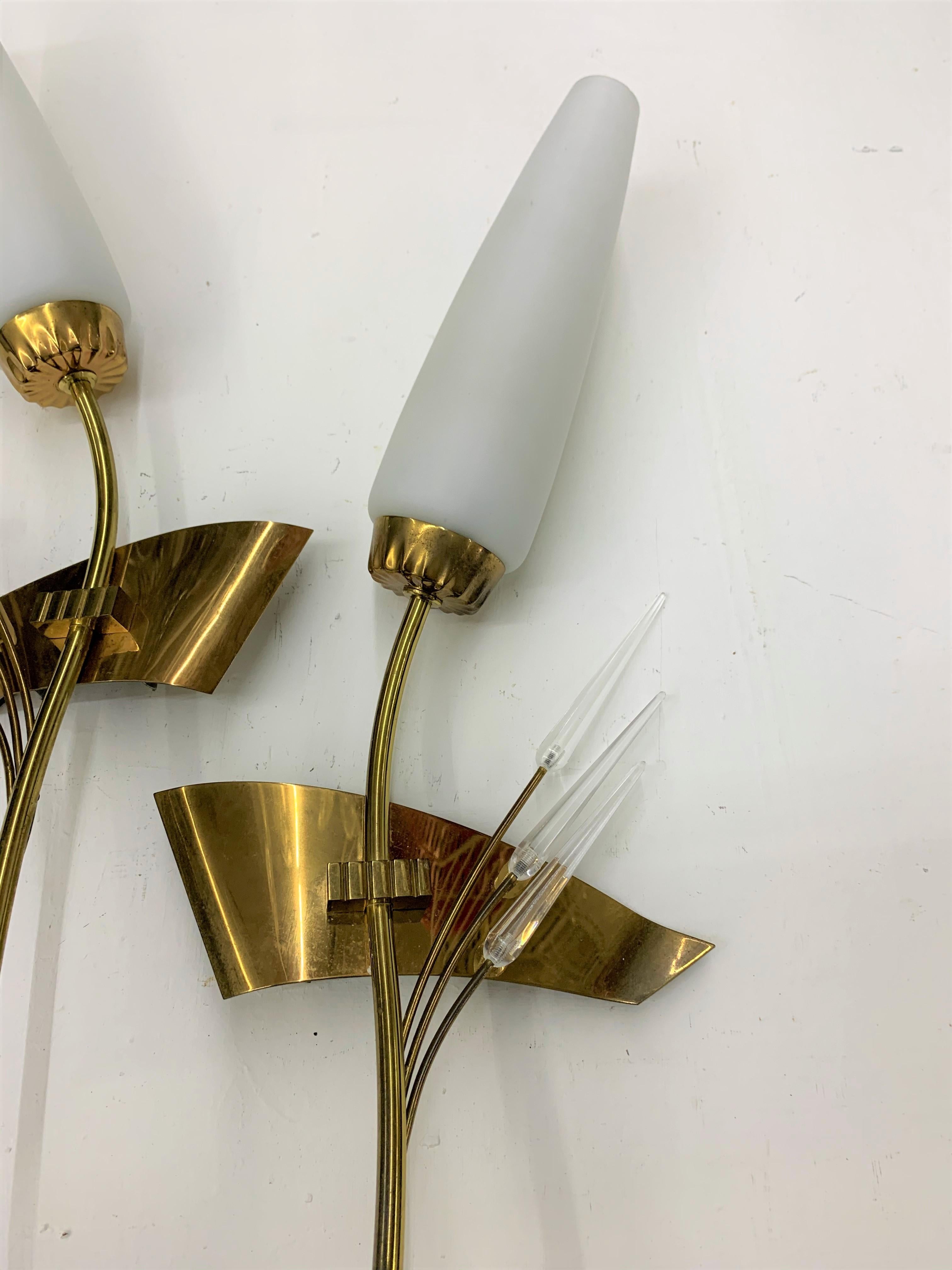 French Pair of Modernist Sconces by Maison Arlus in Brass and Opaline Glass, France For Sale