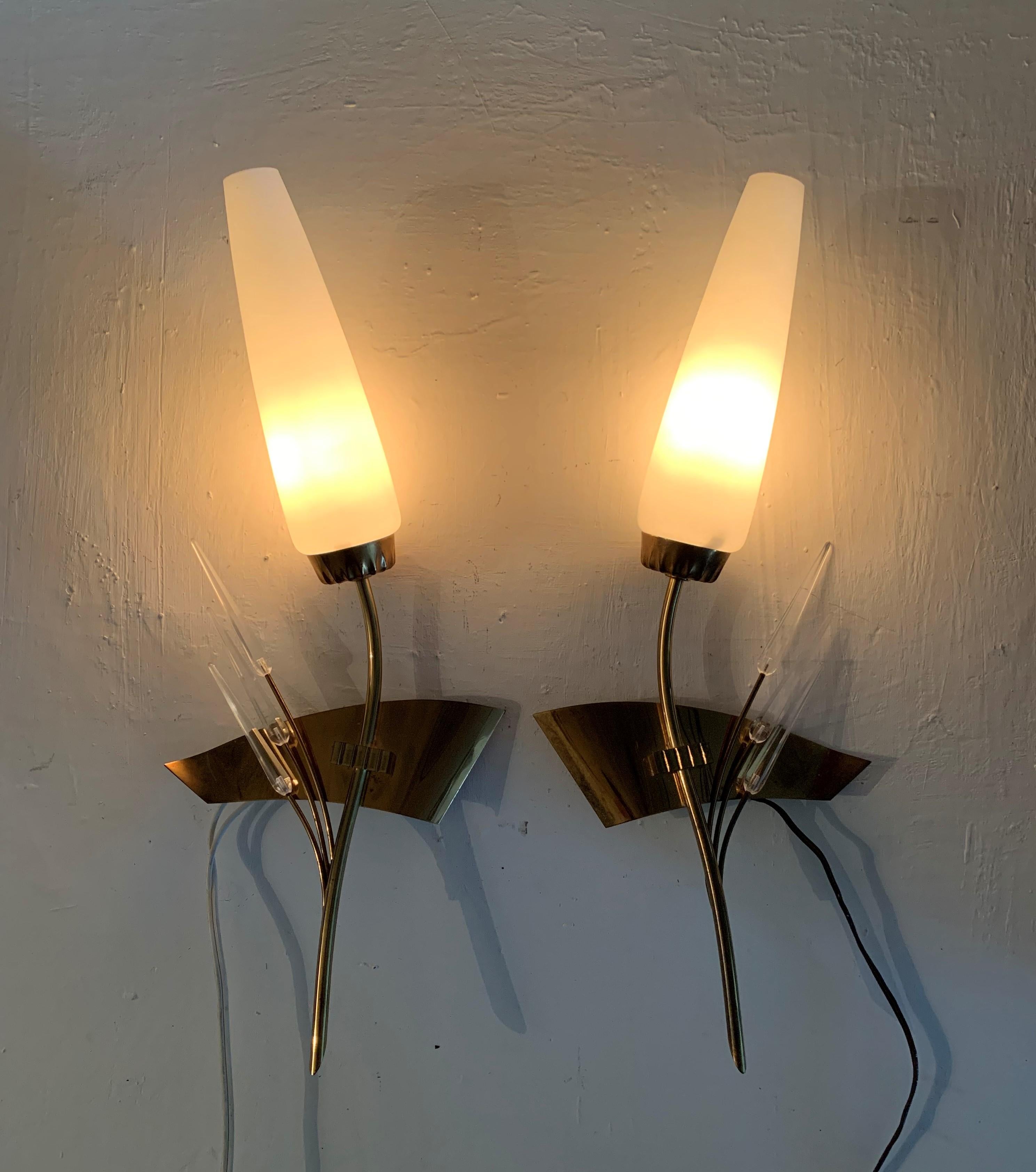 Gilt Pair of Modernist Sconces by Maison Arlus in Brass and Opaline Glass, France For Sale