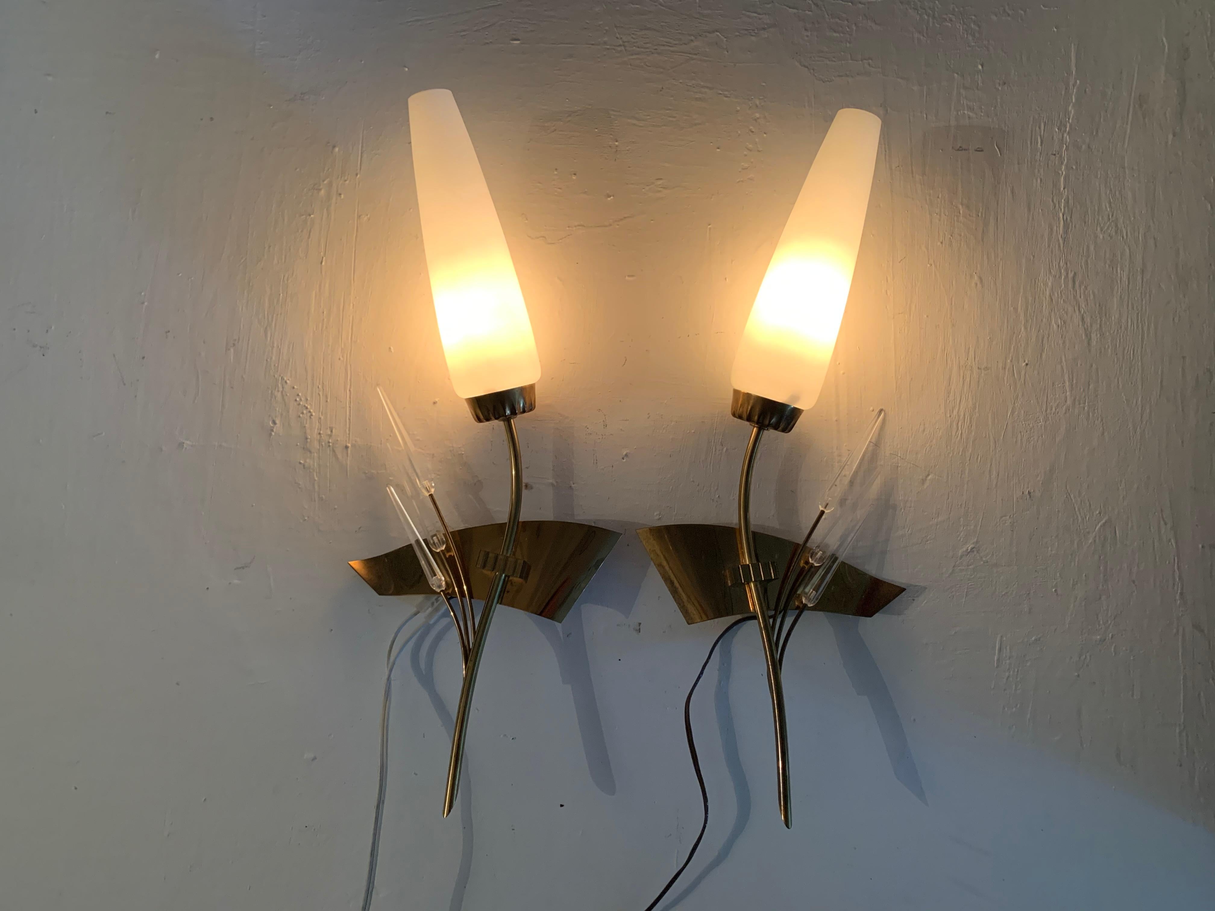 Mid-20th Century Pair of Modernist Sconces by Maison Arlus in Brass and Opaline Glass, France For Sale