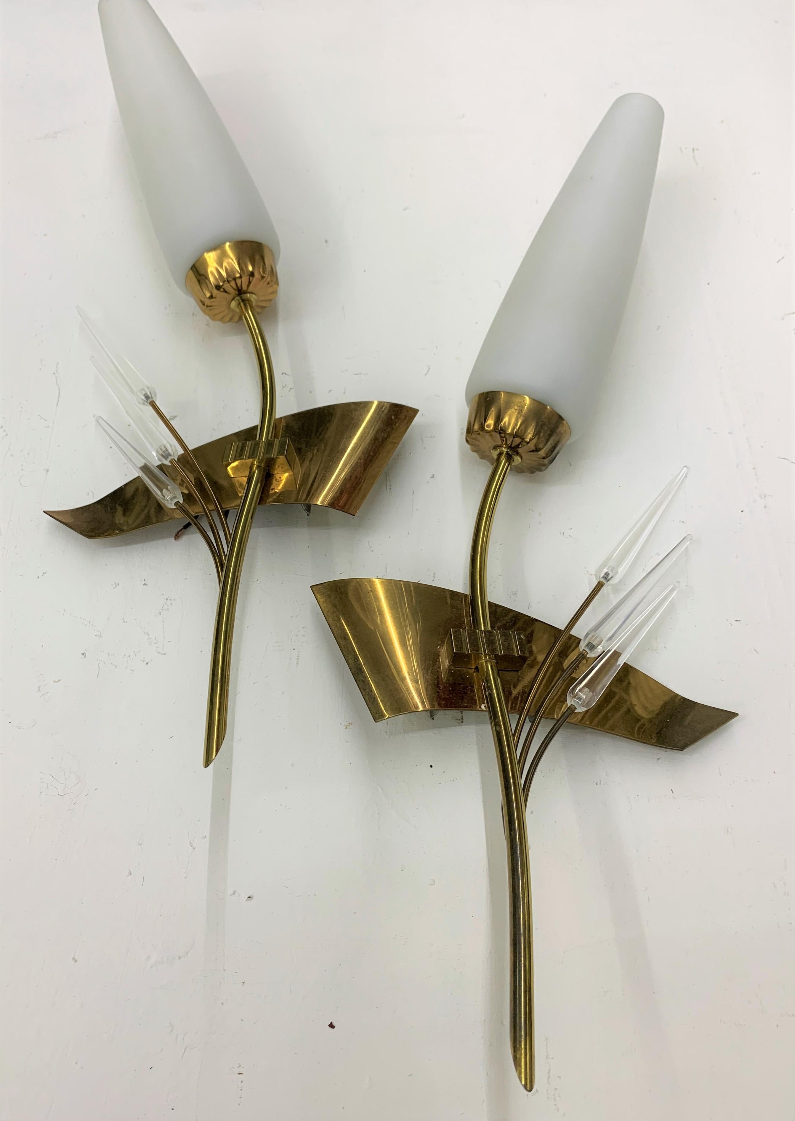 Bronze Pair of Modernist Sconces by Maison Arlus in Brass and Opaline Glass, France For Sale