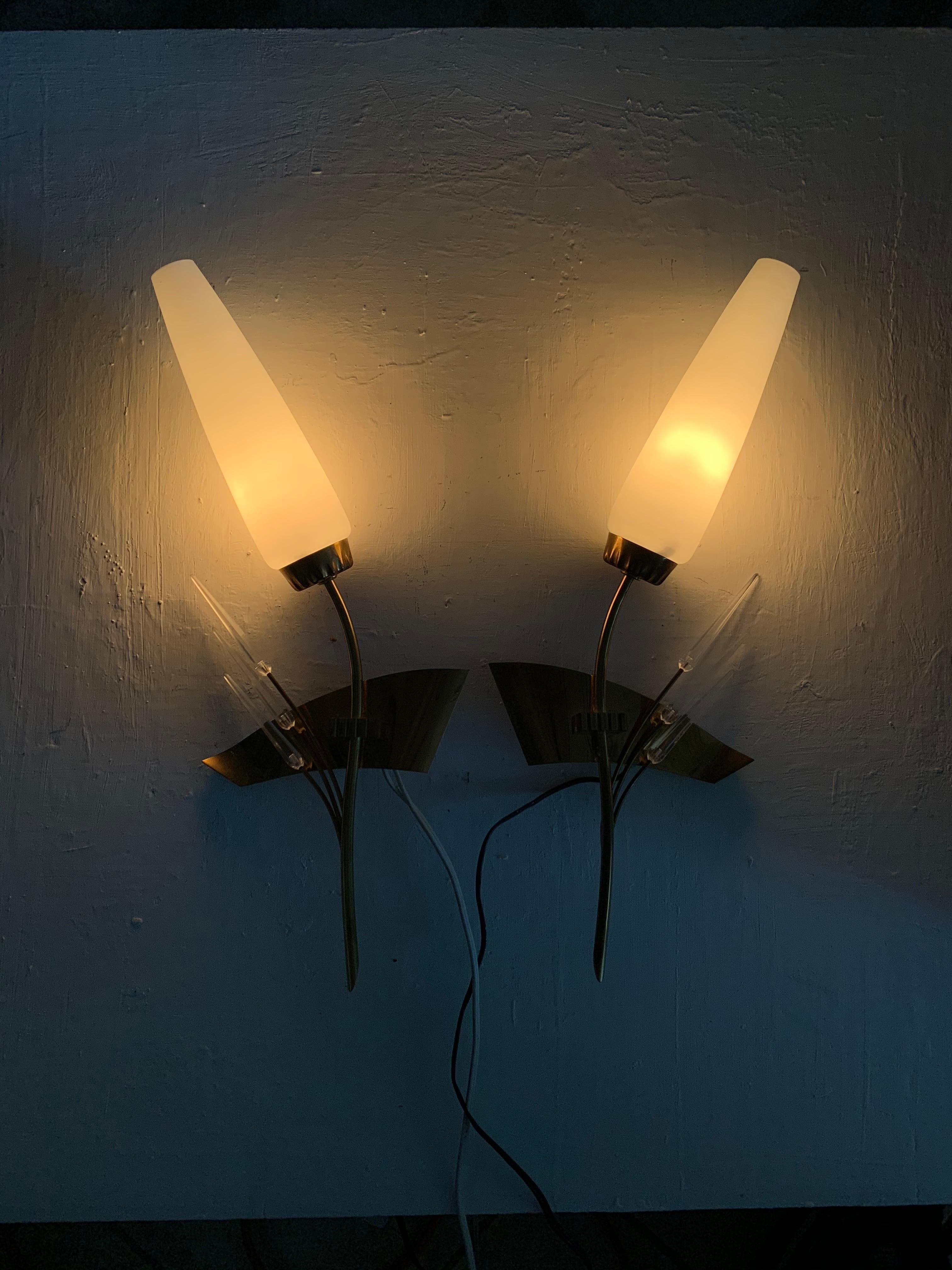 Pair of Modernist Sconces by Maison Arlus in Brass and Opaline Glass, France For Sale 1